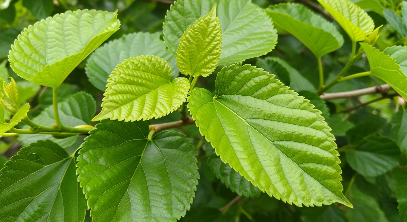 A detailed close-up photograph of fresh, vibrant green mulberry leaves growing on a natural tree branch, showcasing the intricate leaf texture with visible veins and serrated edges. The leaves display various shades of bright green with natural lighting highlighting their glossy surface and organic 