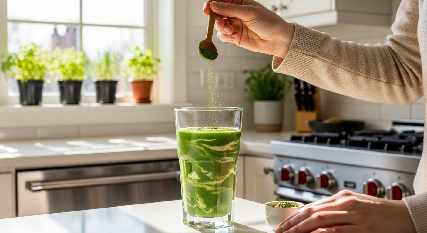 A person in a bright, modern kitchen carefully sprinkling fine dark green powder from a small wooden spoon into a vibrant emerald-colored smoothie in a tall glass. The smoothie has a rich, creamy texture with natural swirls visible through the transparent glass. Sunlight streams through a nearby win