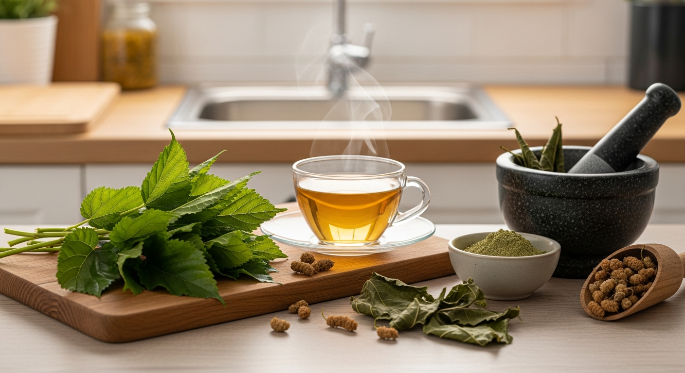 A serene kitchen scene featuring fresh green mulberry leaves arranged on a wooden cutting board alongside a steaming glass teacup filled with golden herbal tea. Dried mulberry leaves are scattered nearby next to a small bowl of fine green powder, while a mortar and pestle sits ready for grinding. So