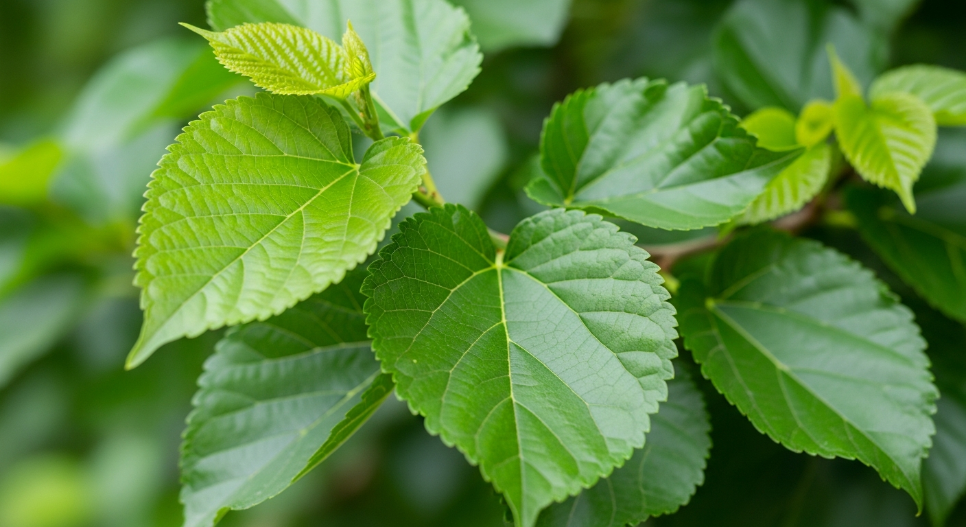 A detailed close-up photograph of fresh, vibrant green mulberry leaves growing on a natural tree branch, showcasing the leaves' distinctive serrated edges and rich emerald coloration. The image captures the delicate texture and natural patterns of the foliage, with soft natural lighting highlighting
