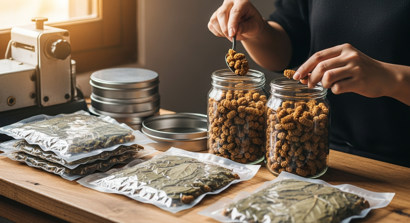 A collection of dried mulberry leaves being carefully placed into clear glass jars with airtight lids, alongside vacuum-sealed bags and metal tins arranged on a wooden kitchen counter. The scene shows hands gently handling the crisp, brown dried leaves as they transfer them into various storage cont