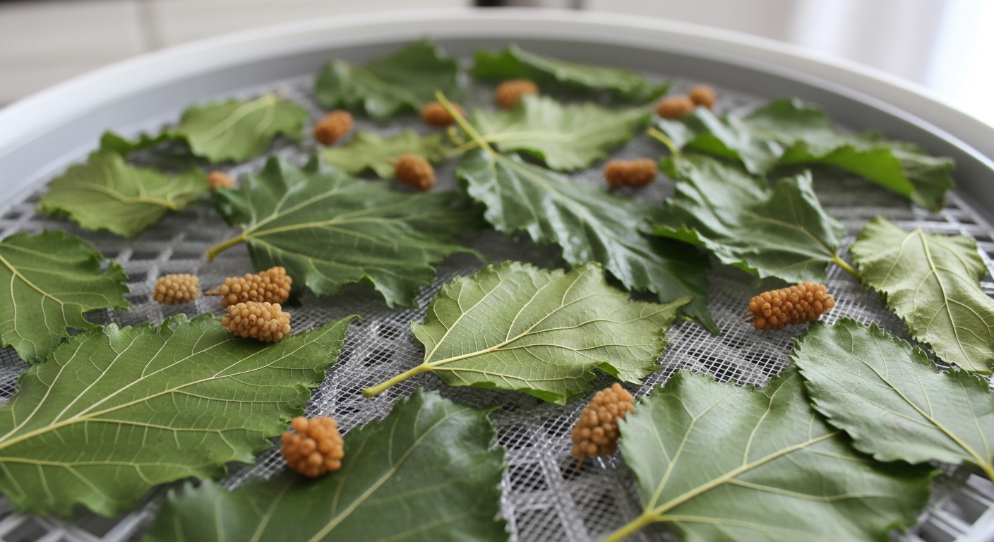 Fresh green mulberry leaves arranged in a single layer across multiple mesh dehydrator trays, with some leaves appearing crisp and dried while others remain fresh, showing the progression of the drying process. The scene is set in a clean kitchen environment with warm, soft lighting illuminating the