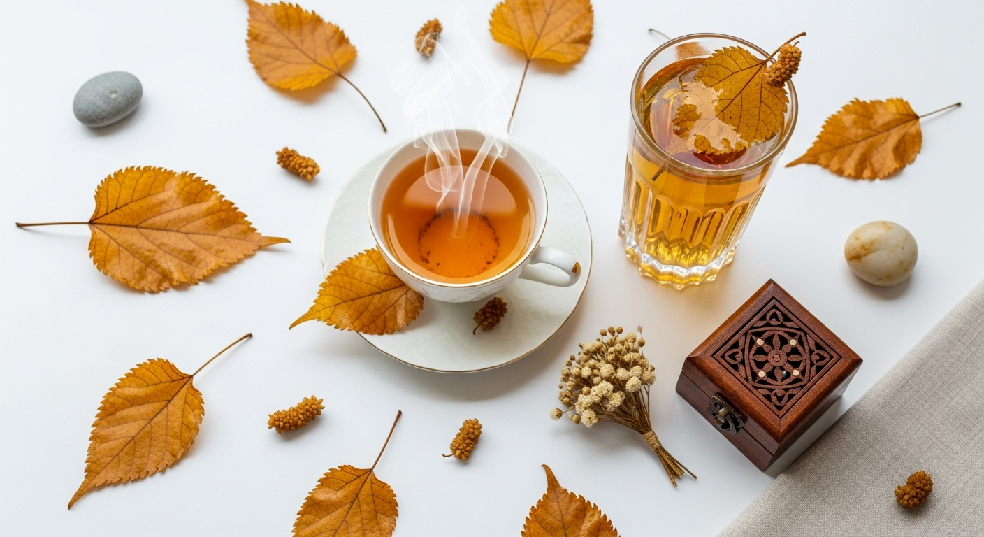 A beautifully arranged flat lay composition featuring delicate dried mulberry leaves with their distinctive serrated edges and warm amber tones scattered artistically across a clean white surface. A elegant porcelain teacup with gentle steam rising from golden herbal tea sits alongside a tall glass