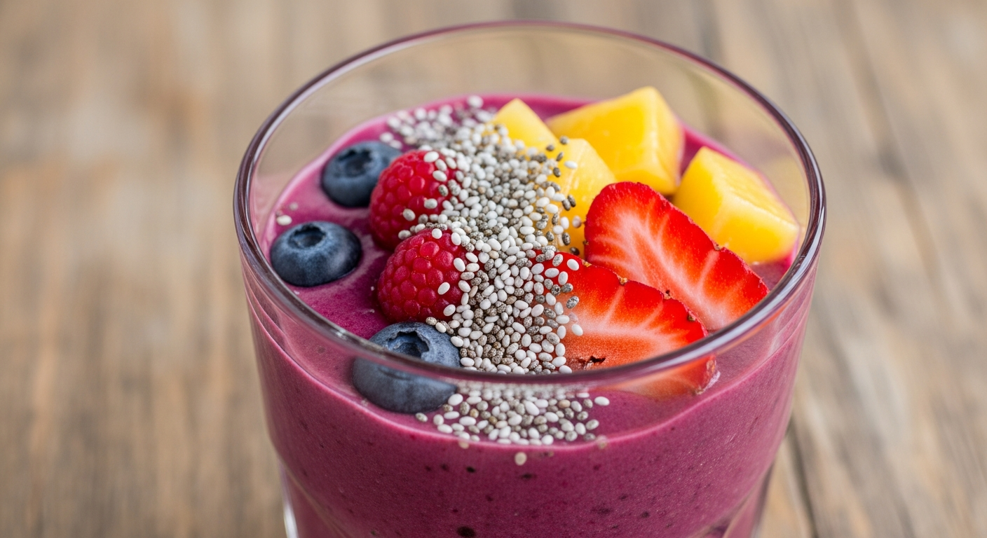 A tall, clear glass filled with a vibrant emerald green smoothie, its creamy texture visible through the transparent container. The drink is beautifully garnished with a cluster of dark purple mulberries scattered on top and around the base, alongside bright red strawberries and plump blueberries. A