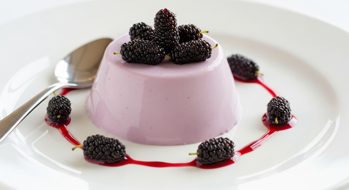 A delicate, creamy panna cotta dessert with a soft purple hue from mulberry tea, elegantly presented on a pristine white porcelain plate. The silky smooth custard has a gentle wobble, showcasing its perfect texture, while fresh dark purple mulberries are artfully arranged on top, their glossy surfac