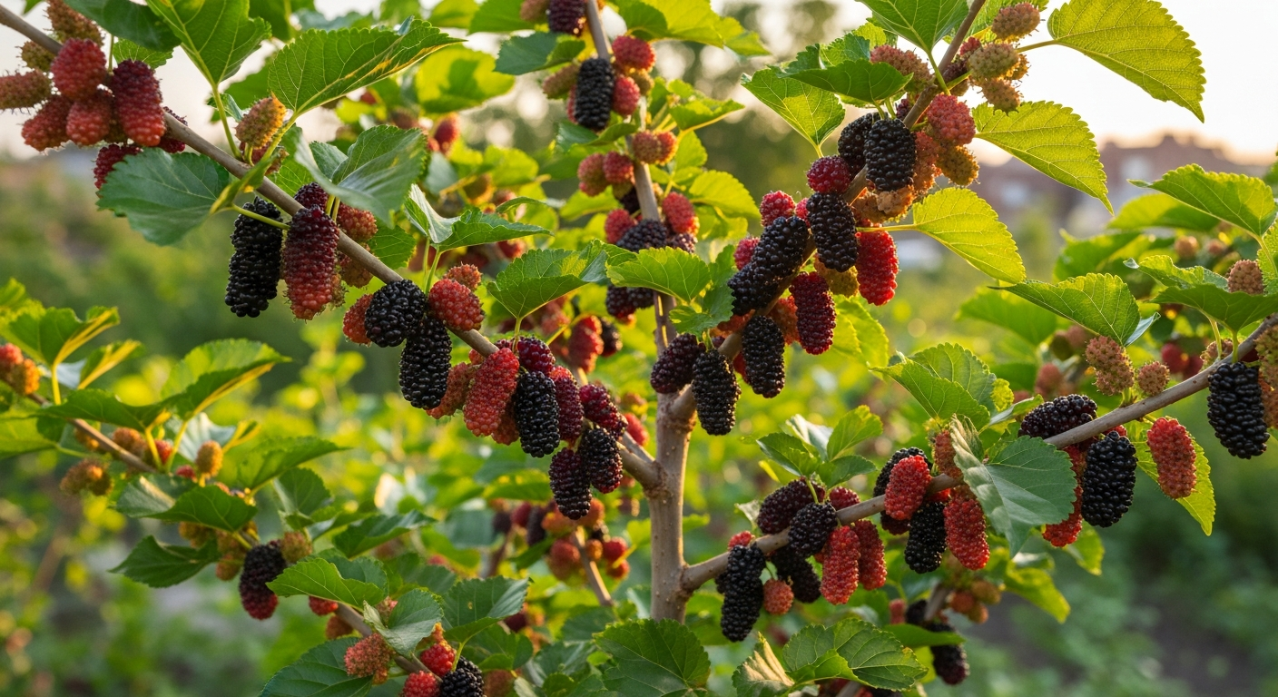 A close-up garden photograph of a compact mulberry tree heavily laden with clusters of deep purple and red-black ripe mulberries hanging from its branches, shot in soft morning sunlight that filters through the dense canopy of bright green serrated leaves. The dwarf tree stands at eye level in a small urban garden space, its branches bowing slightly under the weight of abundant fruit. The composition emphasizes the impressive density of berries clustered along every branch, with some fruits in various stages of ripeness from pale pink to dark burgundy. Shallow depth of field keeps the foreground berries in sharp focus while the background garden space gently blurs, creating that authentic Instagram botanical photography aesthetic. Natural dappled light creates gentle highlights on the glossy fruit surfaces and vibrant foliage, captured in the golden hour glow with a smartphone camera perspective that feels intimate and accessible.