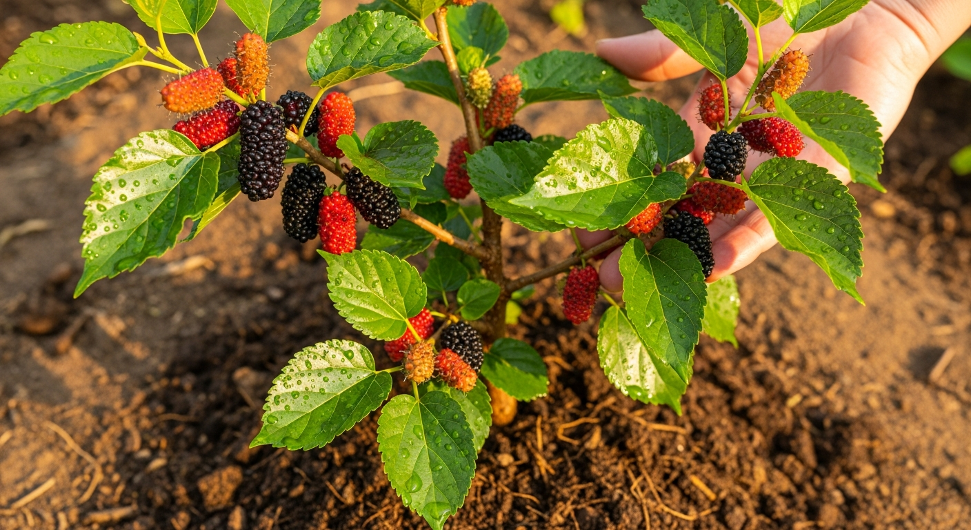 A close-up garden scene capturing a small, compact mulberry tree heavy with clusters of deep purple and ripening red berries hanging from delicate branches, surrounded by rich dark brown soil mixed with visible organic compost and aged manure at its base. The tree stands in bright natural sunlight with dappled shadows falling across glossy green leaves, positioned in an open garden space with golden afternoon light streaming from the side. A gardener's hand gently holds a branch laden with plump mulberries, showing the abundant fruit production, while the foreground shows the moist, well-textured soil around the trunk with visible drainage and a mixture of sandy loam. The background softly blurs into a sunny backyard setting with natural bokeh, emphasizing the tree's compact size perfect for small spaces. Water droplets glisten on some of the dark berries and leaves, catching the warm sunlight. The composition showcases the tree's manageable height and spread, with branches full of fruit at eye level, shot with natural depth of field typical of smartphone photography on a bright summer morning.