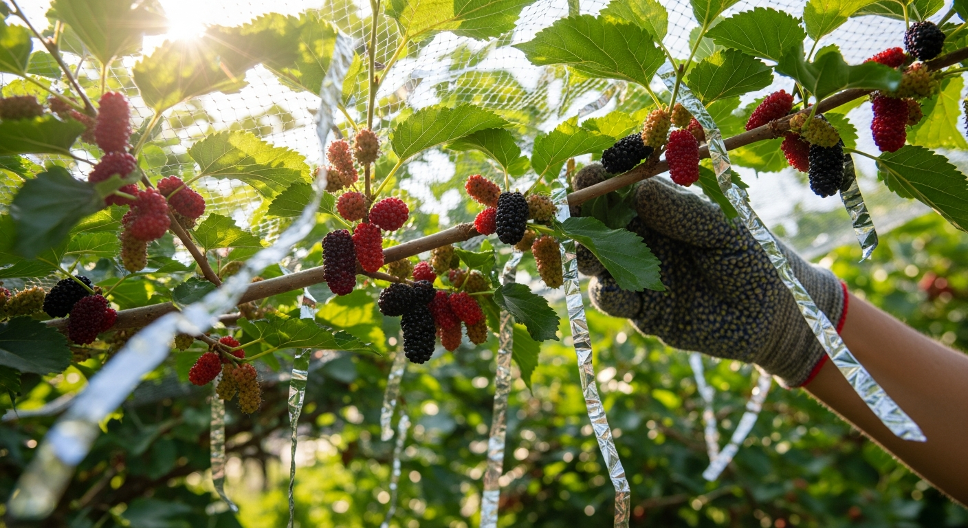 A close-up garden photograph of a compact dwarf mulberry tree heavily laden with clusters of deep purple and ruby red ripe berries hanging from branches, with fine protective bird netting draped over the foliage creating a delicate mesh pattern, morning sunlight filtering through the leaves casting dappled shadows, silvery reflective strips fluttering gently among the branches, a gardener's hand reaching toward the fruit-laden branches wearing a casual garden glove, shallow depth of field focusing on the glossy ripe mulberries in the foreground while the background blurs into soft green bokeh, natural outdoor lighting with warm golden hour glow, shot from a low angle looking up through the canopy, authentic backyard gardening aesthetic with rich jewel-toned berries contrasting against vibrant green leaves, casual smartphone photography style with slight lens flare