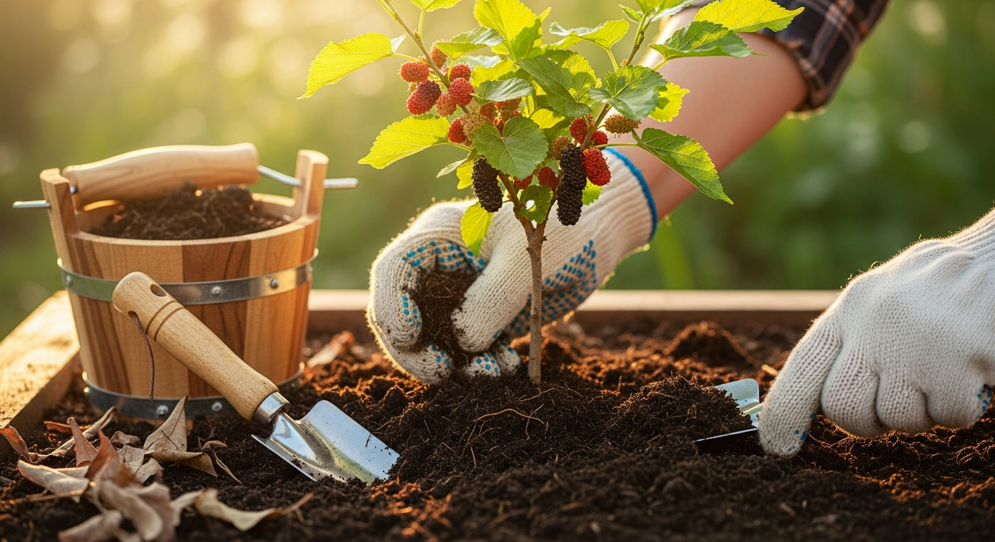 A close-up lifestyle photo of hands in gardening gloves gently working rich, dark compost into the soil around the base of a compact mulberry tree, with its distinctive broad green leaves visible in soft morning sunlight. The dwarf tree stands about waist-high in a terracotta pot or garden bed, its branches laden with clusters of deep purple and ripening red mulberries at various stages. Scattered around the base are natural elements like a wooden compost bucket, a small garden trowel, and fresh organic matter including decomposed leaves and nutrient-rich dark soil. The background shows a sun-dappled garden setting with bokeh effect, capturing the early spring atmosphere with fresh green growth and warm golden hour lighting filtering through. The composition focuses on the intimate act of nurturing the tree, with the gardener's hands centered in the frame, showing the texture of the soil and the healthy root zone of this productive fruit-bearing dwarf variety.