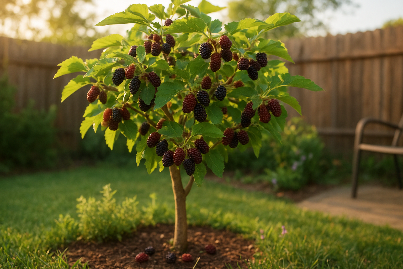A sun-drenched backyard garden scene showcasing a small, carefully pruned mulberry tree heavy with clusters of deep purple and reddish-black ripe berries, the compact tree standing no taller than eight feet in a modest urban garden space with a wooden fence visible in the soft-focused background, morning golden hour light filtering through the delicate green leaves creating dappled shadows on the grass below, a few fallen mulberries scattered on the ground near the base, the tree's manageable size emphasized by its placement in a cozy corner garden bed surrounded by herbs and flowers, shot from a slightly low angle to capture the abundant fruit-laden branches against a clear blue sky, the intimate scale of the space evident with a small patio chair partially visible, natural shallow depth of field with the foreground berries in sharp detail while the background gently blurs, authentic smartphone photography aesthetic with warm, vibrant colors and that candid garden documentation feel