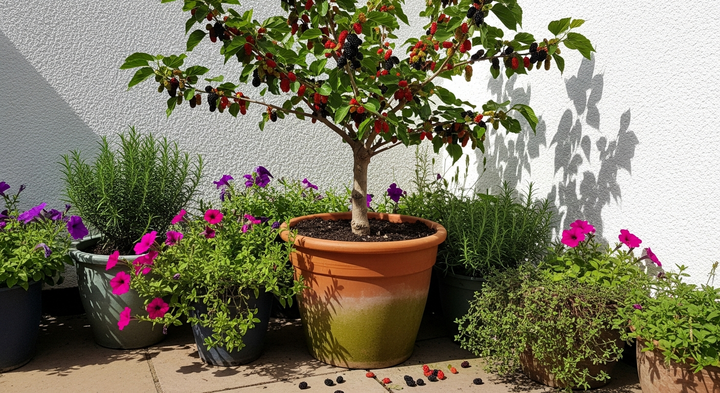 A sun-drenched patio corner where a compact dwarf mulberry tree laden with deep purple berries sits in a terracotta pot against a white-painted south-facing wall, the morning light casting dramatic shadows across the textured stucco surface. The small tree's branches are heavy with ripe fruit in various stages from green to burgundy, glossy leaves catching the bright sunlight. Around the base, several other potted plants cluster together creating a lush micro-garden, their foliage creating dappled shade over the containers. The terracotta pot shows natural weathering and moisture marks, while a few fallen mulberries rest on the warm stone pavers below. The composition captures the intense midday heat with strong contrast between the brilliant sunlit wall and the cooler shadowed areas where the grouped plants create their own humid microclimate, shot from a slightly elevated angle showing both the fruit-bearing branches and the strategic placement against the heat-radiating wall.