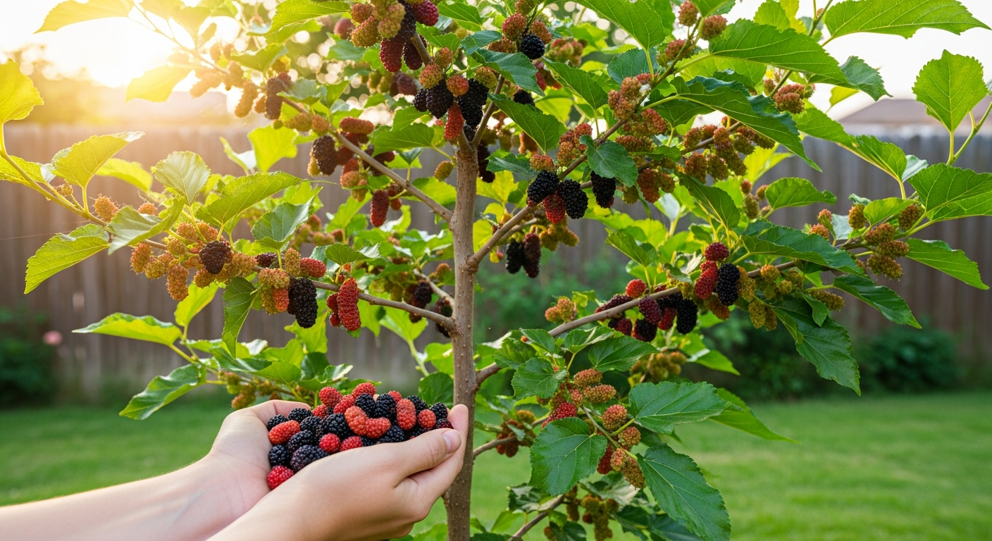 A close-up garden photograph capturing a small, compact mulberry tree heavy with clusters of deep purple and red-black ripe mulberries hanging from its branches, photographed in natural morning sunlight that creates a warm glow through the leaves. The tree stands at waist height in a backyard garden setting, its manageable size evident against a softly blurred background of a wooden fence and green lawn. Hands reach into the frame from the bottom corner, gently cupping a handful of the abundant dark berries, showcasing the impressive fruit yield. The leaves are lush and vibrant green with their characteristic lobed shape, and multiple branches are visible laden with fruit at various stages of ripeness from pale pink to deep burgundy. Dappled sunlight filters through the canopy creating natural highlights on the berries and foliage, shot with shallow depth of field in authentic smartphone photography style with slight lens flare and the organic, unposed aesthetic typical of home gardening content.