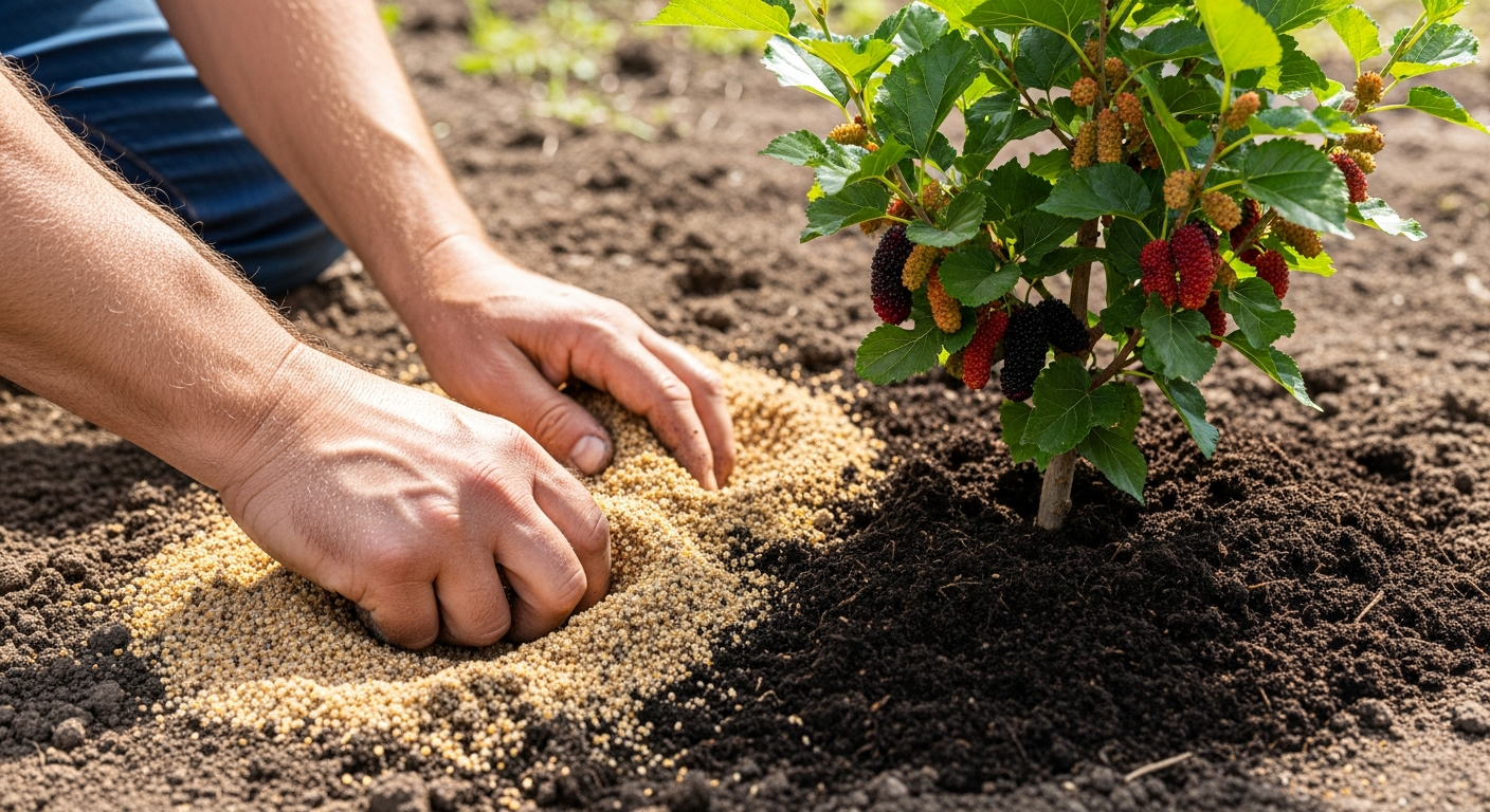 A close-up overhead shot of rich, dark soil being worked in a sunny garden, with someone's hands mixing in coarse sand and organic compost into loose, crumbly earth around the base of a compact mulberry tree. The dwarf tree stands about waist-height with lush green leaves and clusters of deep purple-red mulberries hanging heavily from its branches.