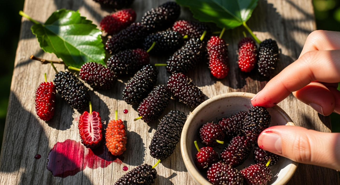 A close-up overhead shot of fresh, plump mulberries glistening with natural moisture and juice droplets, scattered artfully on a rustic wooden surface with dappled sunlight streaming through nearby foliage creating soft shadows. Several dark purple and ruby-red mulberries are captured mid-bite or split open, revealing their vibrant juice-filled interior, with tiny beads of liquid catching the golden afternoon light. A hand reaches naturally into the frame, fingers stained with berry juice, selecting a particularly ripe mulberry from a small ceramic bowl. The composition includes scattered leaves and a few berries on their stems, with a softly blurred garden background suggesting a warm summer day. The lighting is bright and airy with that quintessential Instagram aesthetic, showing the natural sheen and succulent texture of the freshly picked fruit, with visible juice creating small pools on the weathered wood surface beneath.