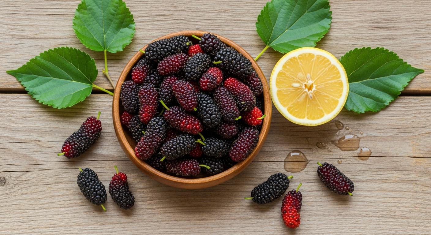 A close-up overhead shot of a rustic wooden bowl overflowing with fresh mulberries in varying stages of ripeness, from deep purple-black to bright red and pale pink, scattered artfully on a sun-drenched kitchen counter with dappled morning light streaming through a nearby window. A few loose berries have tumbled onto the weathered wood surface, their delicate stems still attached, with natural shadows creating depth. In the soft-focused background, a linen napkin in cream tones and the edge of a ceramic plate suggest a casual breakfast scene. The composition captures the authentic imperfection of freshly picked fruit, with tiny water droplets still clinging to some berries, shot in natural daylight with a shallow depth of field that emphasizes the glossy, jewel-like texture of the mulberries in the foreground.