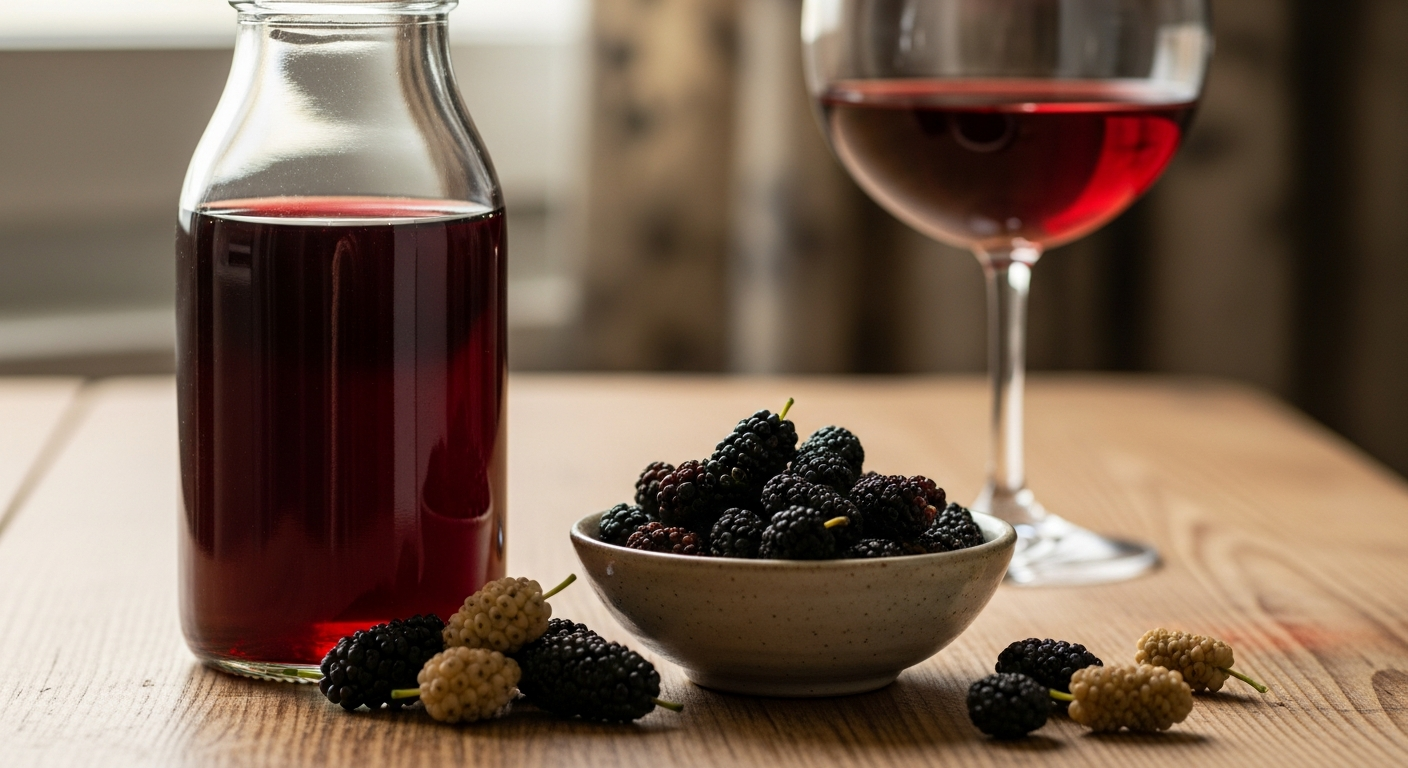 A rustic wooden table bathed in soft natural window light displays an artful arrangement of fresh dark purple and white mulberries scattered around a glass bottle of deep burgundy mulberry juice, alongside a small ceramic bowl filled with wrinkled dried mulberries. In the background, slightly out of focus, sits a wine glass filled with rich ruby-colored mulberry wine catching the afternoon sunlight.  The scene has an authentic food photography style with a shallow depth of field, captured from a 45-degree angle above the table surface.
