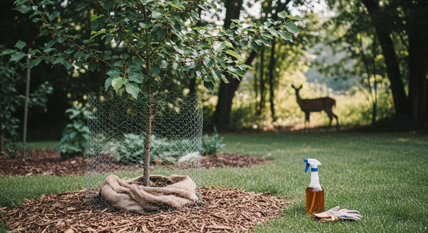A serene backyard garden scene captured in soft morning light, showing a young mulberry tree with lush green leaves and dark purple berries surrounded by protective chicken wire fencing at its base. In the background, a curious deer stands at the edge of the property near the tree line, while the foreground features scattered organic wood chip mulch and natural burlap fabric wrapped around the lower trunk. A spray bottle filled with amber liquid sits on the grass beside gardening gloves, with dappled sunlight filtering through the canopy creating natural shadows on the ground. The composition has that authentic lifestyle photography feel with slightly desaturated tones and natural depth of field.