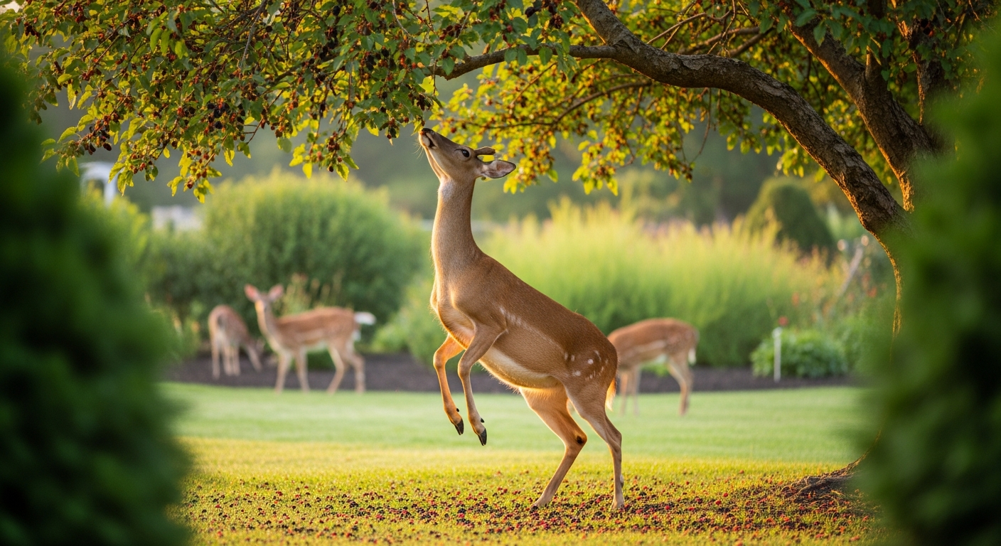 A serene garden scene photographed during golden hour showing a graceful white-tailed deer standing on its hind legs reaching up toward the drooping branches of a mature mulberry tree laden with deep purple and red berries, with more deer grazing peacefully in the soft-focus background among ornamental garden beds, captured in natural morning light with a shallow depth of field creating that authentic Instagram aesthetic, the deer's gentle interaction with the berry-heavy branches creating an organic wildlife moment, fallen mulberries scattered on the grass below, lush green foliage framing the scene, shot from a medium distance to capture both the wildlife and the garden landscape in perfect harmony