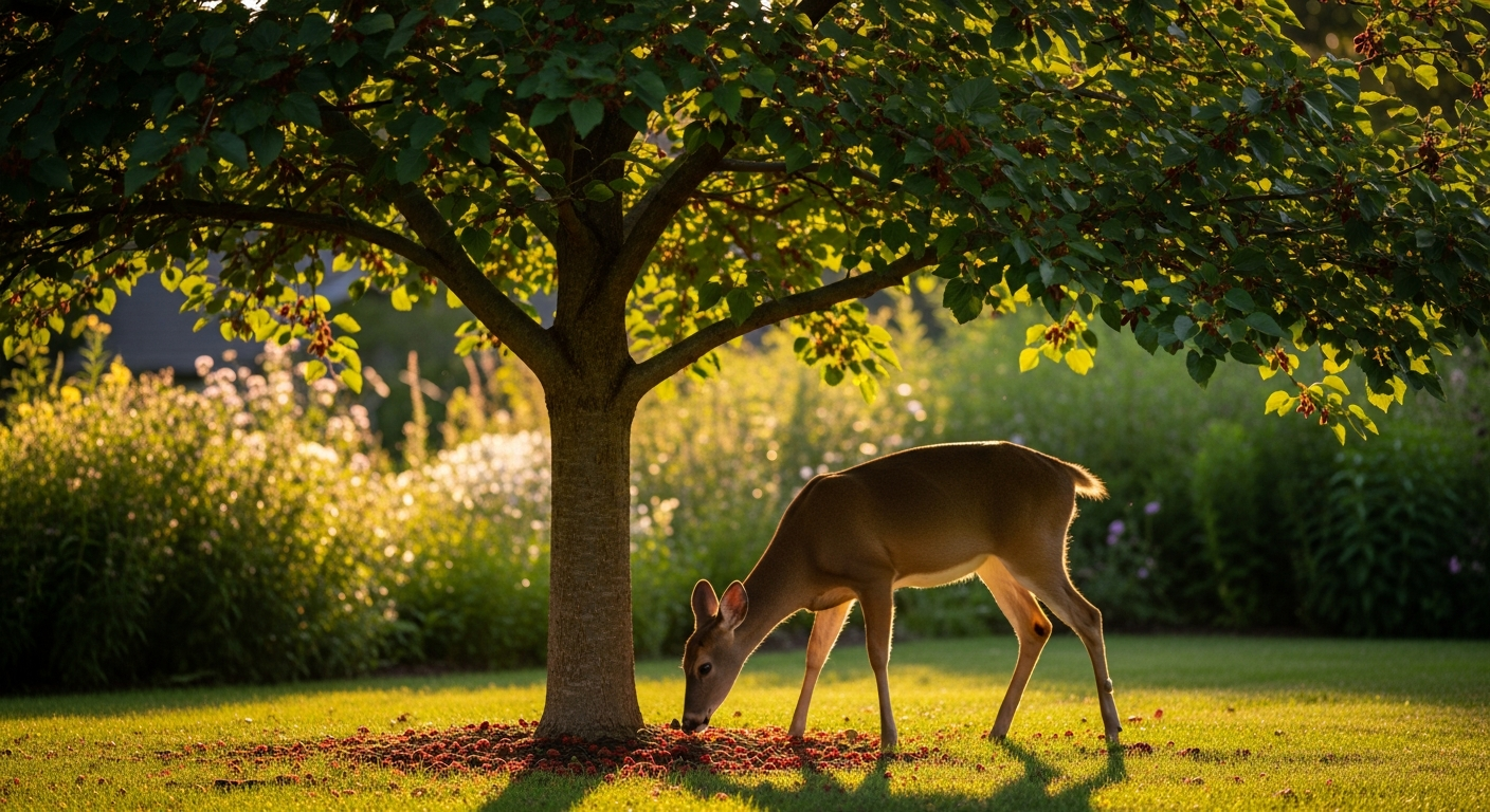 A close-up nature photograph of a majestic red mulberry tree in a backyard garden setting, with a curious white-tailed deer standing beneath its canopy during golden hour. The tree displays distinctive lobed leaves and clusters of deep burgundy-red ripe mulberries hanging from branches. Soft afternoon sunlight filters through the foliage creating dappled shadows on the ground. The deer is peacefully grazing on fallen mulberries scattered on natural grass below, its brown coat catching warm natural light. In the background, a slightly blurred residential garden landscape with other native trees and shrubs creates depth. The composition captures the harmonious relationship between wildlife and fruit-bearing trees in a suburban backyard habitat, shot with shallow depth of field in authentic lifestyle garden photography style with natural color grading and organic bokeh effect.