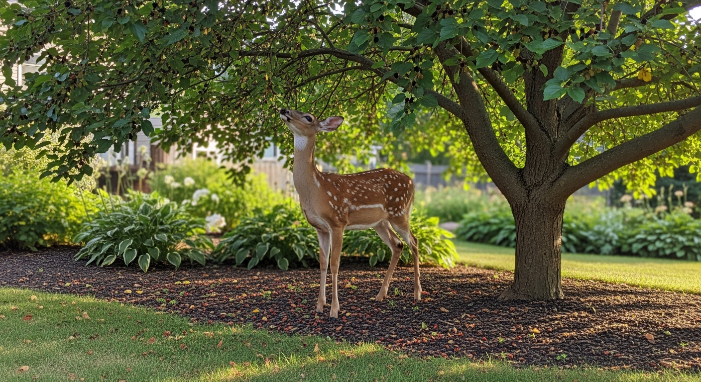 A candid garden scene captured in soft natural daylight showing a young white-tailed deer standing beneath a mature mulberry tree, gently reaching up toward the lower branches laden with dark purple mulberries. The deer's spotted fawn coat catches dappled sunlight filtering through the canopy. In the foreground, scattered fallen mulberries dot the grass and garden soil. The background shows a lush residential backyard with ornamental plants and shrubs slightly out of focus. The composition has that authentic smartphone photography feel with realistic depth of field, warm golden hour lighting, and the organic, unposed quality of wildlife photography captured from a respectful distance through a window or garden path.
