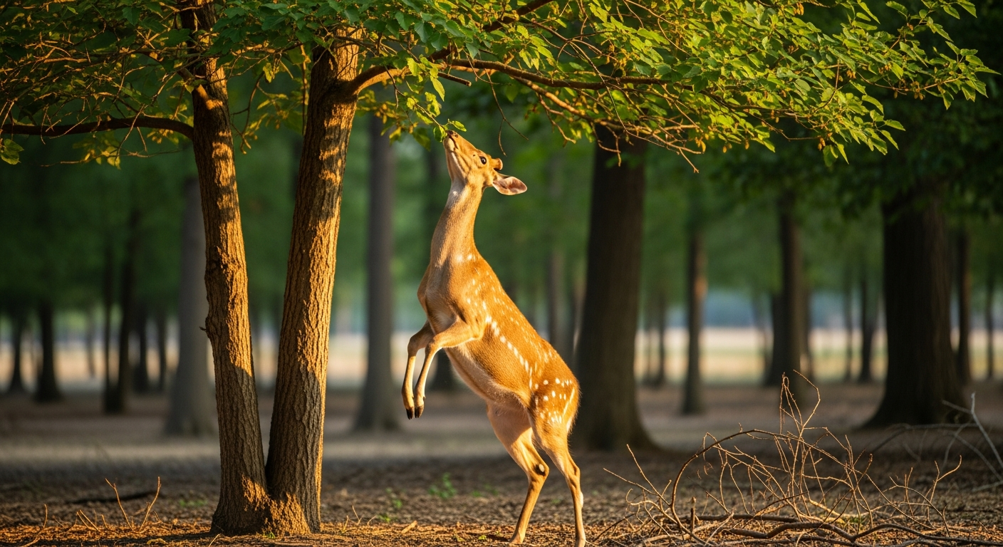 A serene outdoor scene captured in soft natural daylight showing a graceful deer standing on its hind legs, stretching upward to reach the lush green foliage of a mulberry tree, its delicate mouth gently grasping tender leaves and young shoots from the lower branches. The composition features the deer's elegant brown coat with white spotted markings catching the dappled sunlight filtering through the canopy above. The mulberry tree displays noticeably stripped and bare lower branches contrasting with the fuller, leafy upper sections still out of reach. The forest floor is scattered with fallen twigs and leaves, while the background shows a blurred bokeh effect of additional trees and dappled woodland atmosphere. The lighting is warm and golden, suggesting either early morning or late afternoon, creating an authentic wildlife photography moment that captures the natural interaction between deer and their food source in their habitat.