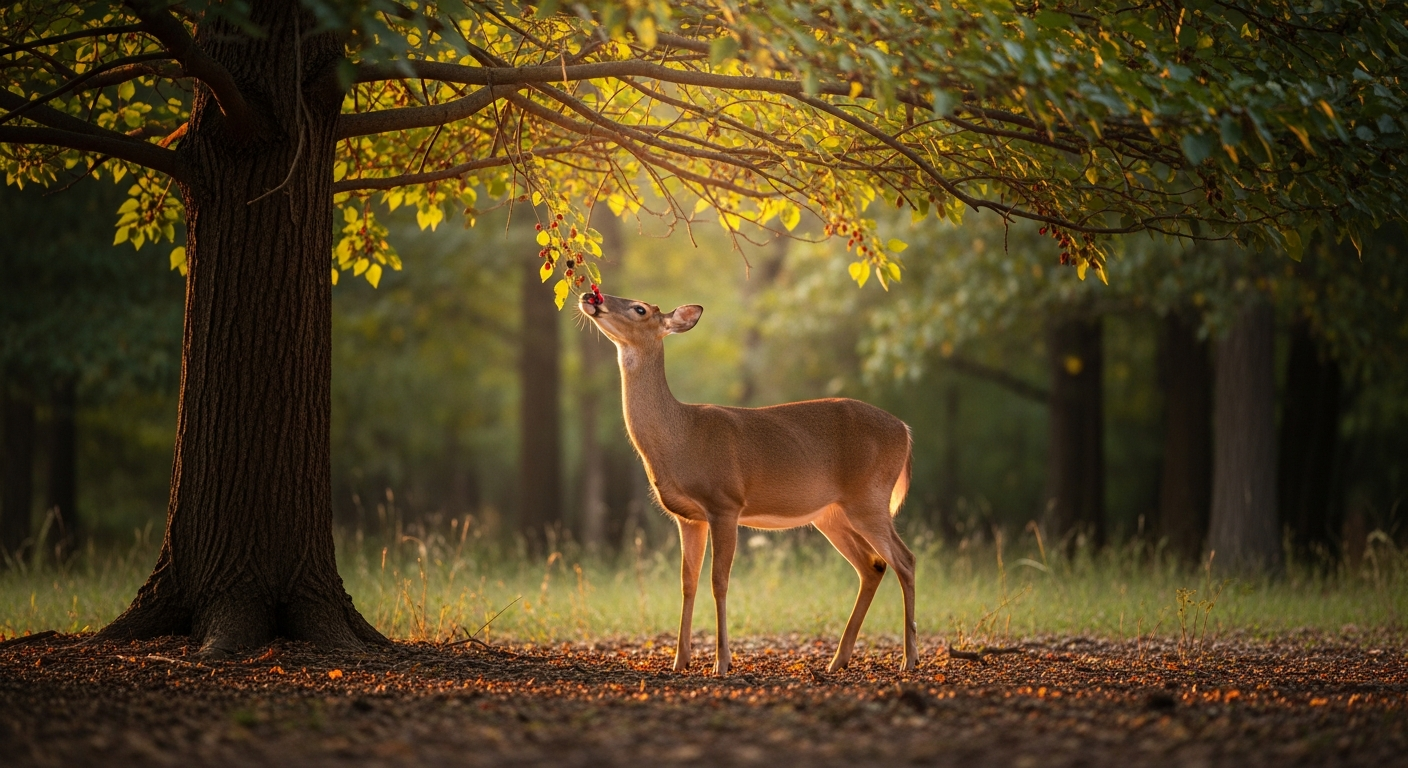 A serene woodland scene captured in soft natural daylight showing a graceful white-tailed deer standing beneath a mature red mulberry tree, its dark purple-red berries hanging from branches above. The deer's head is tilted upward, appearing to browse on the low-hanging fruit-laden branches. Dappled sunlight filters through the broad green leaves creating a gentle play of light and shadow across the forest floor covered in scattered fallen berries and natural leaf litter. The composition has a peaceful, documentary wildlife photography aesthetic with rich earth tones, deep greens, and burgundy berry accents. Shot from a respectful distance with a shallow depth of field that keeps the deer and mulberry tree in sharp focus while the background forest gently blurs into bokeh. The lighting is golden hour soft, creating a warm, authentic nature photography atmosphere perfect for an environmental conservation themed Instagram post.