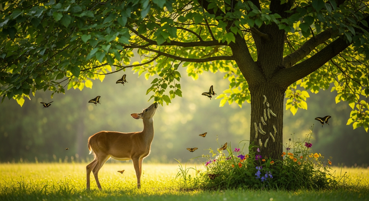 A serene outdoor scene capturing a majestic mulberry tree in the foreground with its distinctive broad leaves creating dappled shadows on the ground below, while a graceful deer stands peacefully beneath the canopy, reaching up toward the lower branches. The natural morning light filters through the foliage, creating a warm golden glow that illuminates the deer's brown coat and highlights the rich green leaves. Several dark-winged butterflies with vibrant yellow-bordered wings flutter around the tree's branches, their delicate forms captured mid-flight against the soft-focused forest background. Clusters of caterpillars are visible on some of the mulberry leaves, creating organic texture and detail. Additional butterflies rest on nearby wildflowers blooming at the base of the tree, their wings spread open to reveal intricate patterns. The composition emphasizes the natural interaction between wildlife and flora, with soft bokeh effects in the background suggesting a peaceful woodland setting. The photography style features authentic outdoor lighting with no artificial enhancement, shallow depth of field focusing on the deer and tree while maintaining atmospheric depth, and the candid quality typical of nature photography shared on social media platforms.