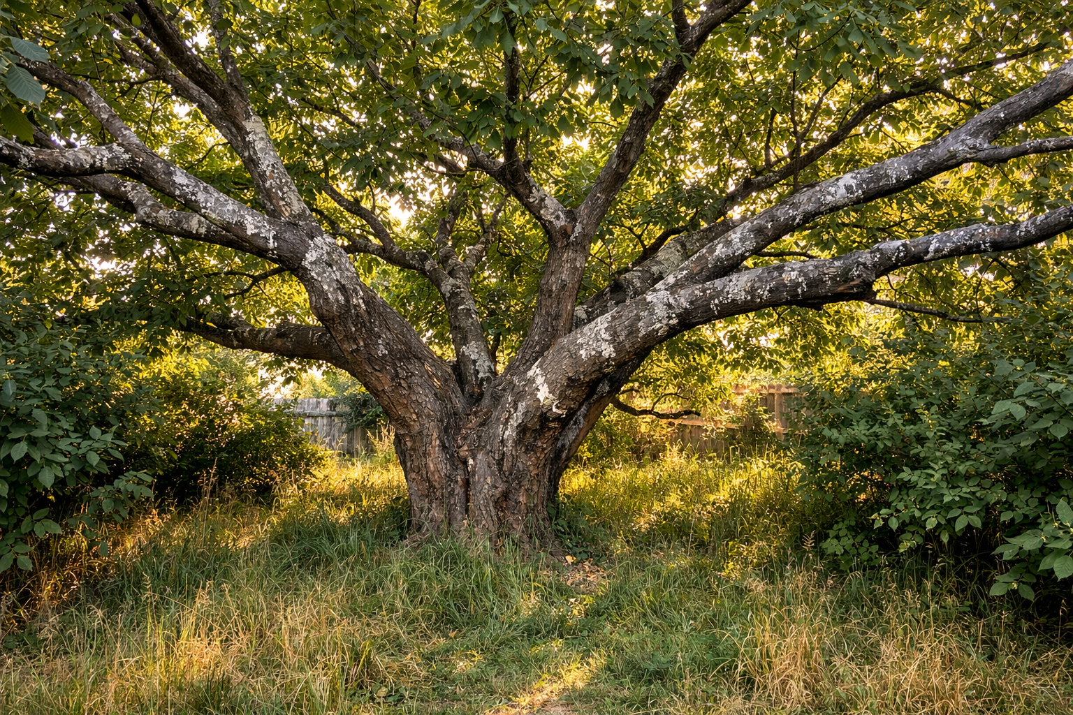 A wide shot of a sprawling mulberry tree in a sunlit backyard garden, its broad canopy casting dappled shadows across an overgrown lawn, with several branches visibly coated in a dull whitish waxy residue that dulls the natural sheen of the bark — the infestation patches scattered across multiple limbs giving the tree an unhealthy, mottled appearance against the warm afternoon light. The environment feels neglected and humid, with tall grass below and neighboring shrubs pressing close, the full scale of the affected tree visible from trunk to outermost branches, conveying how widespread the hidden damage has become across the entire living structure.