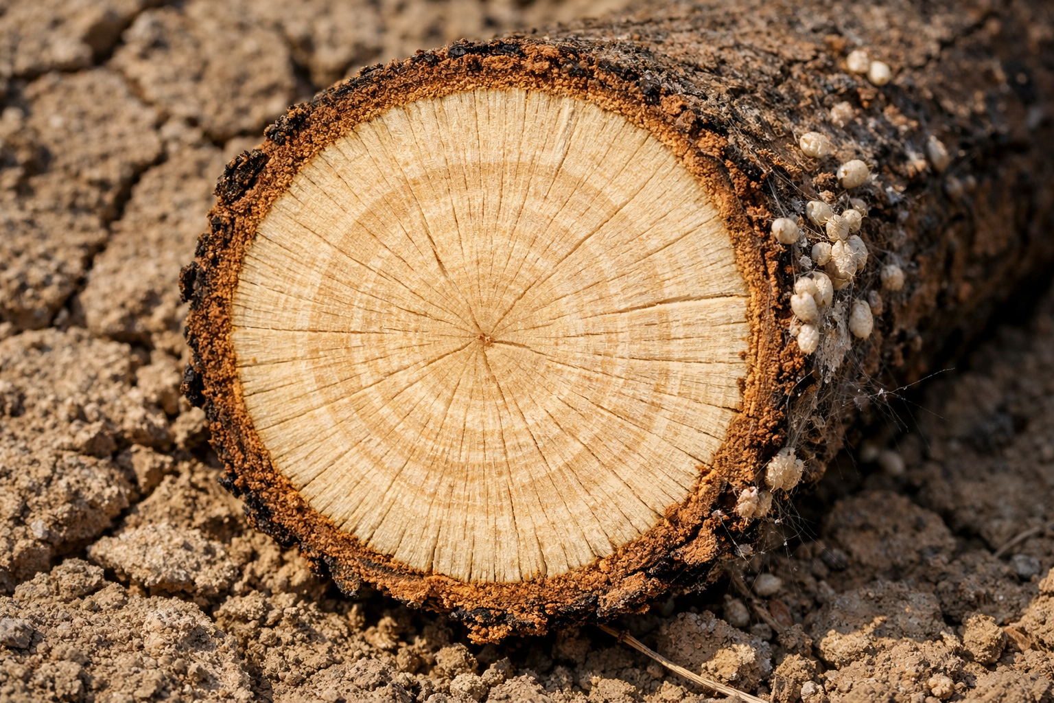 Close-up photograph of a freshly cut mulberry branch cross-section lying on dry soil, the raw wood grain exposed and pale cream-colored at the center, with dark bark edges and clusters of tiny pale scale insects and webbing visibly clinging to the outer surface of the severed branch. Natural afternoon sunlight rakes across the texture, highlighting the fibrous wood grain, the rough bark, and the infestation detail with sharp clarity. The frame is completely filled with the cut branch surface, showing every crack, insect cluster, and fiber of the damaged wood in high tactile detail.