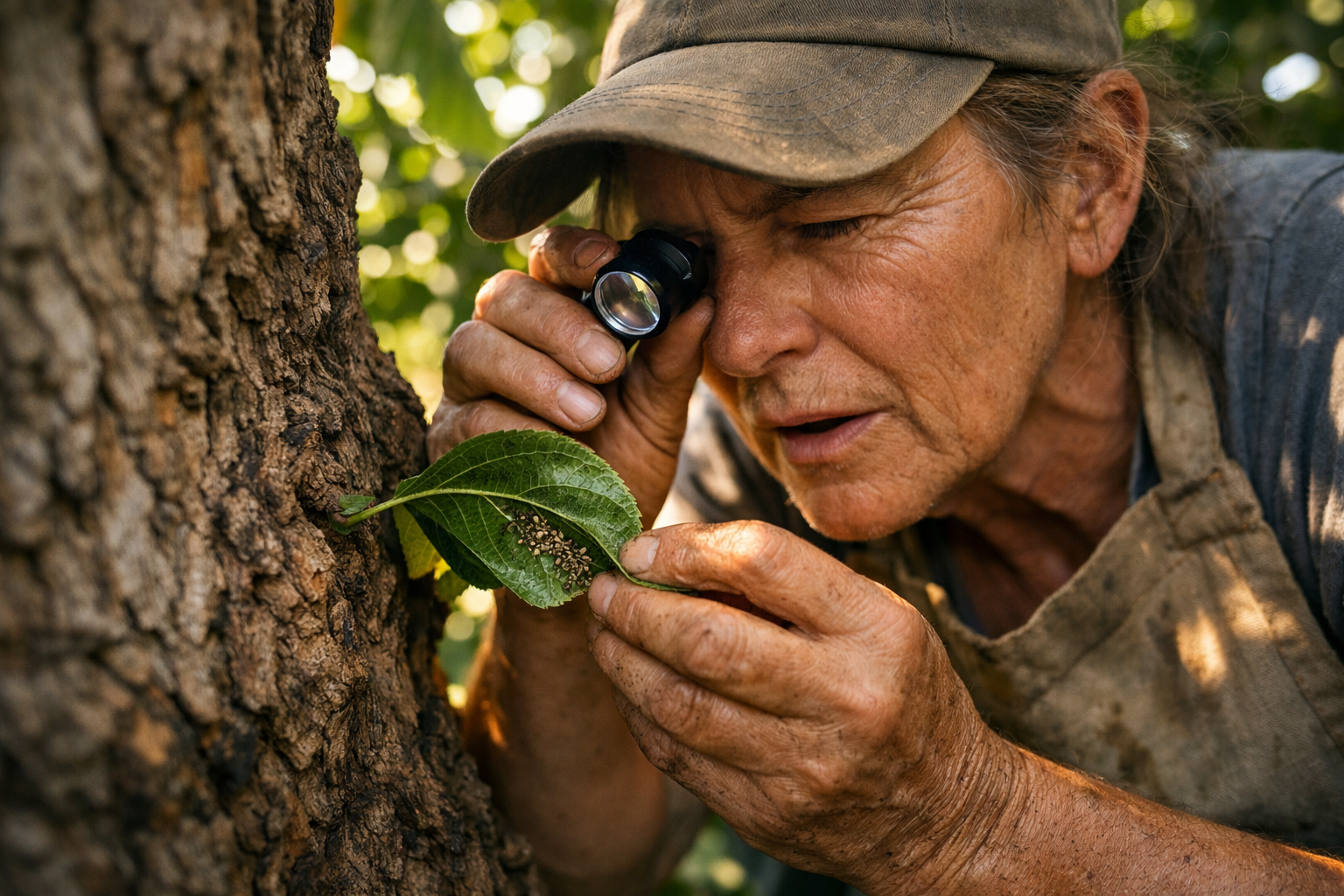 A weathered backyard gardener in their late 50s crouches low beside the gnarled trunk of a mature mulberry tree, squinting with intense concentration as they use a magnifying loupe to examine the underside of a dark green mulberry leaf, their free hand gently curling the leaf's edge back to expose tiny clustered insects, mouth slightly open in a quiet "aha" expression of recognition, dappled afternoon sunlight filtering through the mulberry canopy overhead, a worn canvas gardening apron draped across their knees, shallow depth of field blurring the purple-stained soil and fallen mulberries behind them, candid mid-inspection moment captured from a low side angle as if the photographer crept up without disturbing them.
