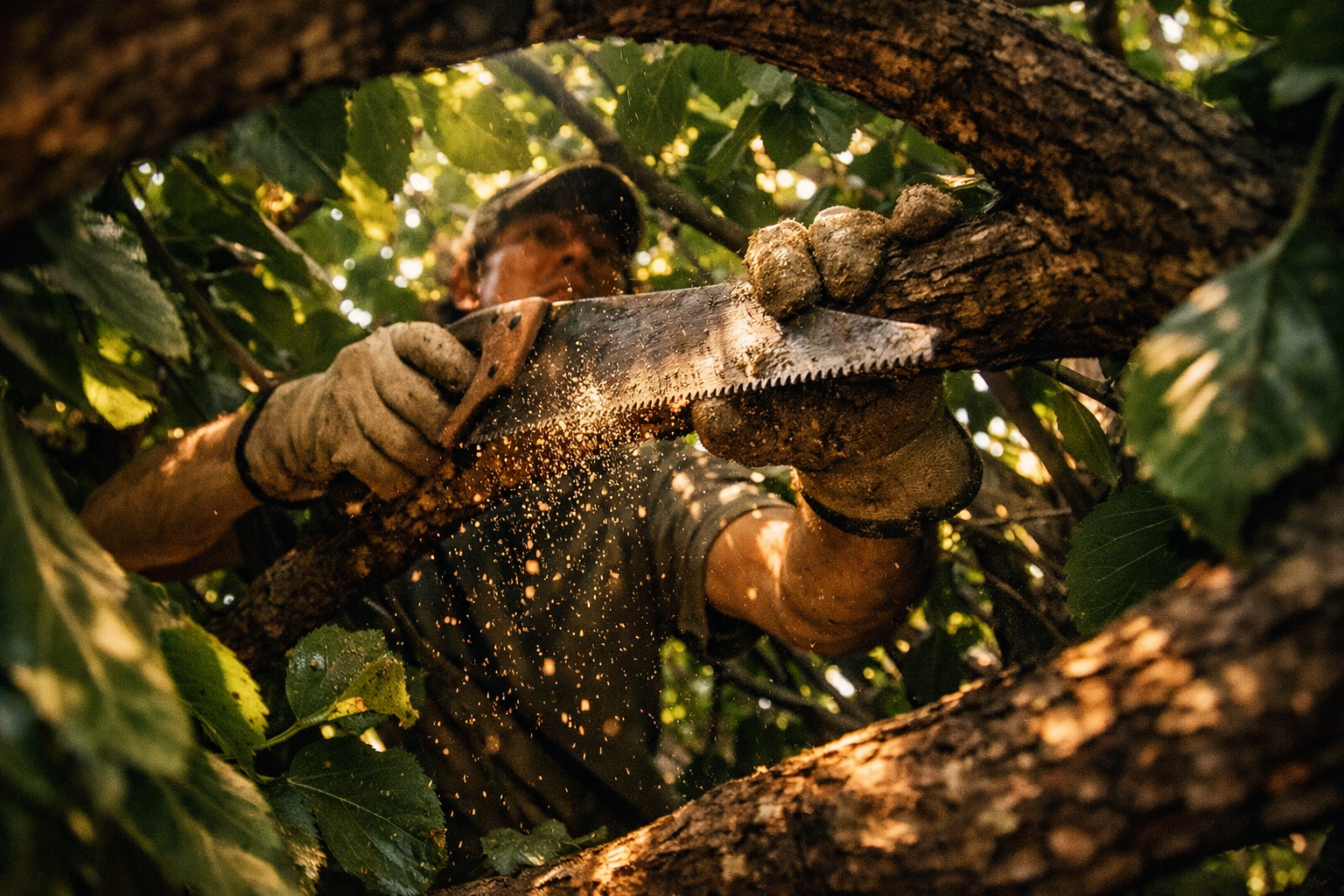 A gardener in worn canvas gloves actively sawing through a thick crossing branch deep inside a densely tangled mulberry tree canopy, sawdust falling mid-air as the cut progresses, the interior of the canopy visibly dark and humid with leaves pressed tightly against each other, dappled afternoon sunlight barely penetrating the overcrowded mass of branches, shot from just below and inside the canopy looking up at the person working overhead, captured with a wide-angle lens in natural golden-hour light, authentic documentary photography style.