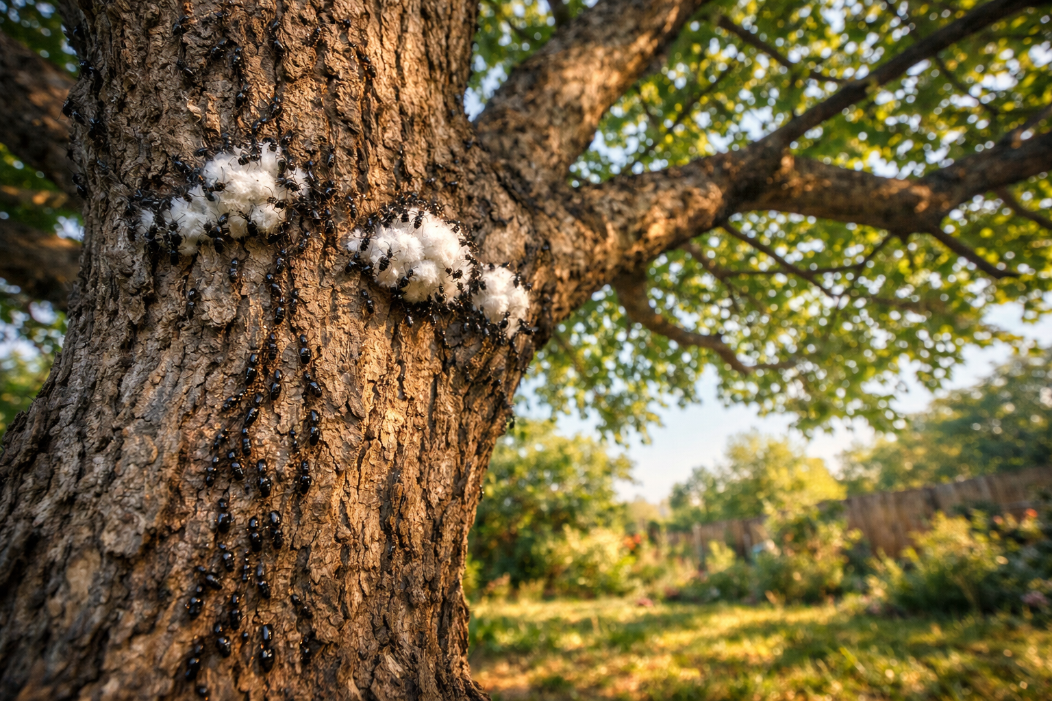 A wide environmental shot of a sprawling mulberry tree in a sun-dappled backyard garden, its broad canopy casting dappled shade across the ground below, with dozens of small black ants visibly trailing in long winding columns up and down the rough bark of the main trunk and along several thick branches, the ants clearly tending to tiny white cottony mealybug clusters nestled at branch junctions, the full tree framed against a soft blue sky with overgrown grass and garden beds visible in the background, shot from ground level with a wide angle lens to capture the full height and spread of the tree and the surrounding yard, natural afternoon sunlight filtering through the leaves, candid documentary photography style as if captured by a backyard gardener stepping back to survey the full extent of the infestation.