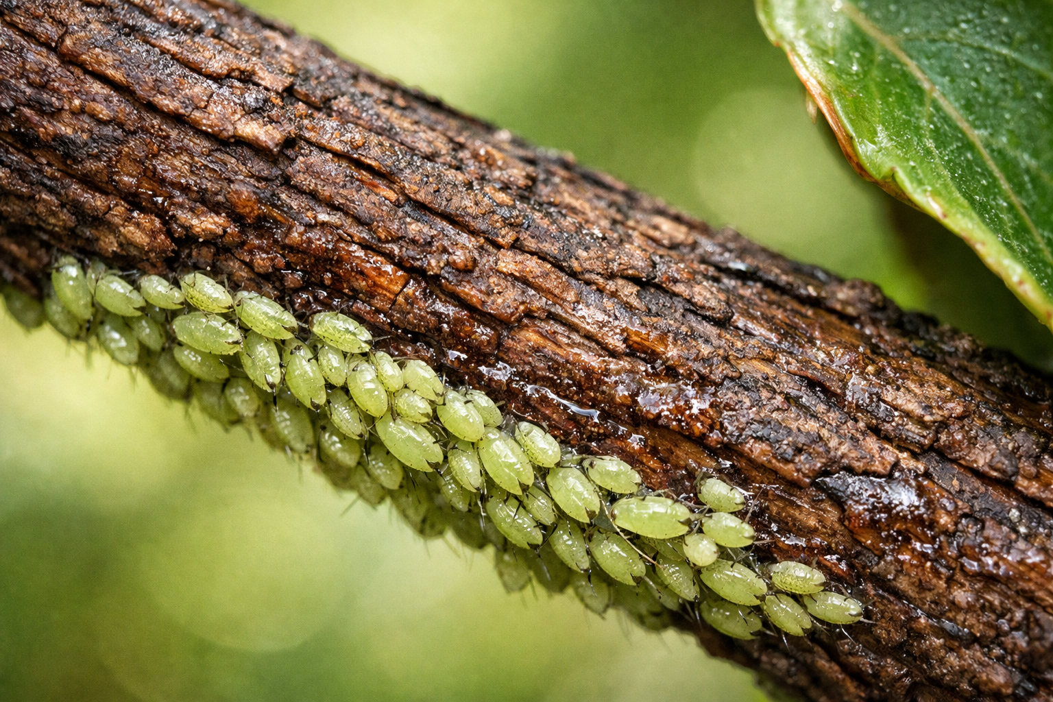A macro close-up photograph of a single mulberry branch showing early signs of insect pest damage — small clusters of pale green aphids densely packed along the underside of a dark brown woody stem, their translucent bodies catching soft natural daylight filtering through surrounding leaves. The frame is completely filled with the rough bark texture of the branch, the waxy surface of a partially curled mulberry leaf edge visible at the periphery, and the glistening honeydew residue left by the insects. Shot with a shallow depth of field that renders the background into soft green bokeh, emphasizing the tactile detail of bark ridges and the tiny segmented bodies of the pests clinging to the wood. Natural ambient light, authentic garden photography style, no text visible.