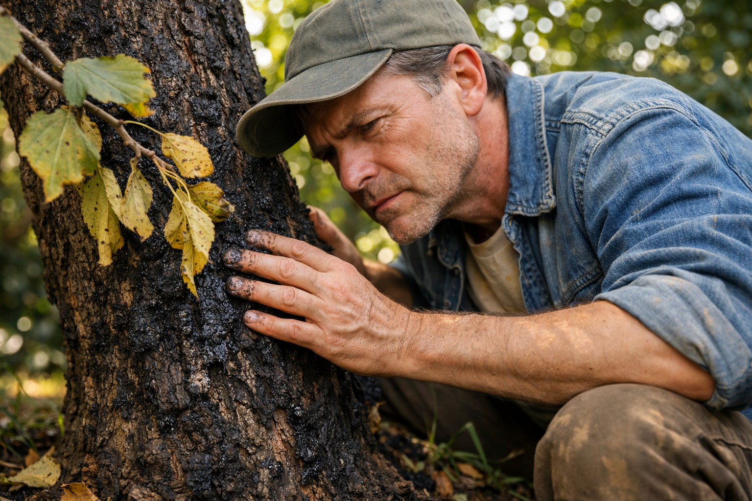 A backyard gardener in their mid-40s crouches beside a mulberry tree trunk, caught in a candid moment of concern as they lean in close to examine the dark sooty mold coating the bark, their brow furrowed and one hand gently touching the blackened surface while their other hand holds back a branch revealing several visibly curled and yellowing leaves mid-fall, natural afternoon light filtering through the tree canopy above, shot from a low side angle with a shallow depth of field, authentic documentary-style photography.