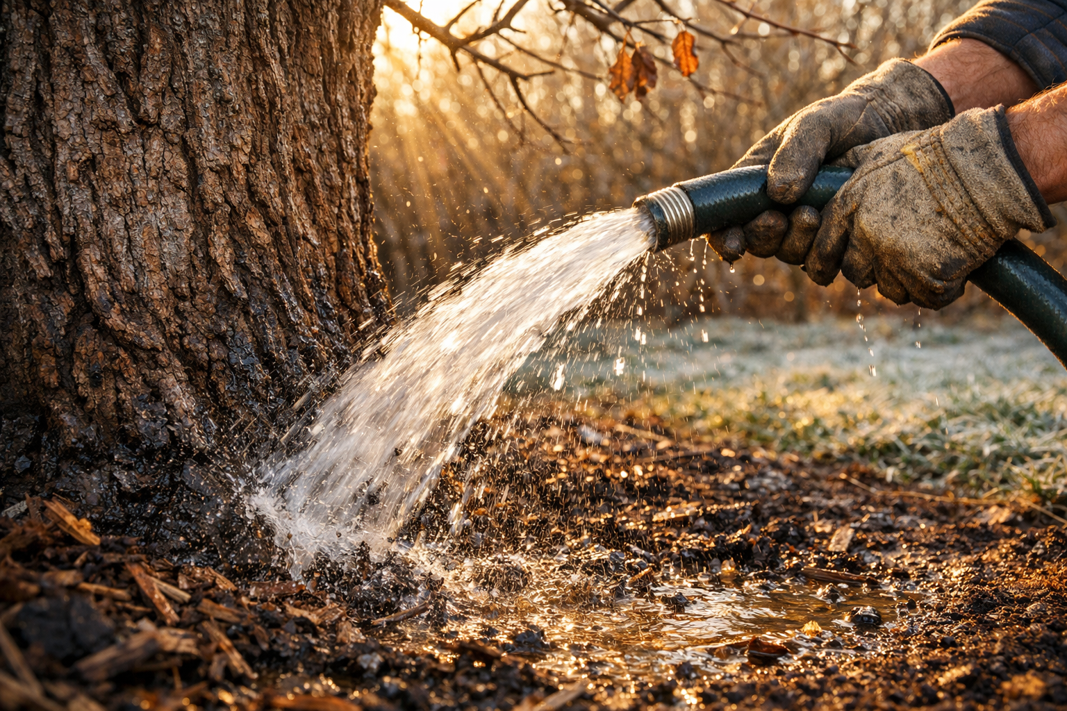 A gardener in worn work gloves gripping a heavy garden hose with both hands, actively directing a strong stream of water in a deep soaking arc at the base of a mature mulberry tree, the water visibly splashing against dark soil and mulch, captured mid-action with motion blur on the flowing water stream, late autumn afternoon light filtering through nearly bare mulberry branches overhead, frost-hardened grass visible in the background suggesting imminent freezing temperatures, shot from a low side angle to emphasize the force and direction of the water hitting the ground, natural golden hour light, authentic candid photography.