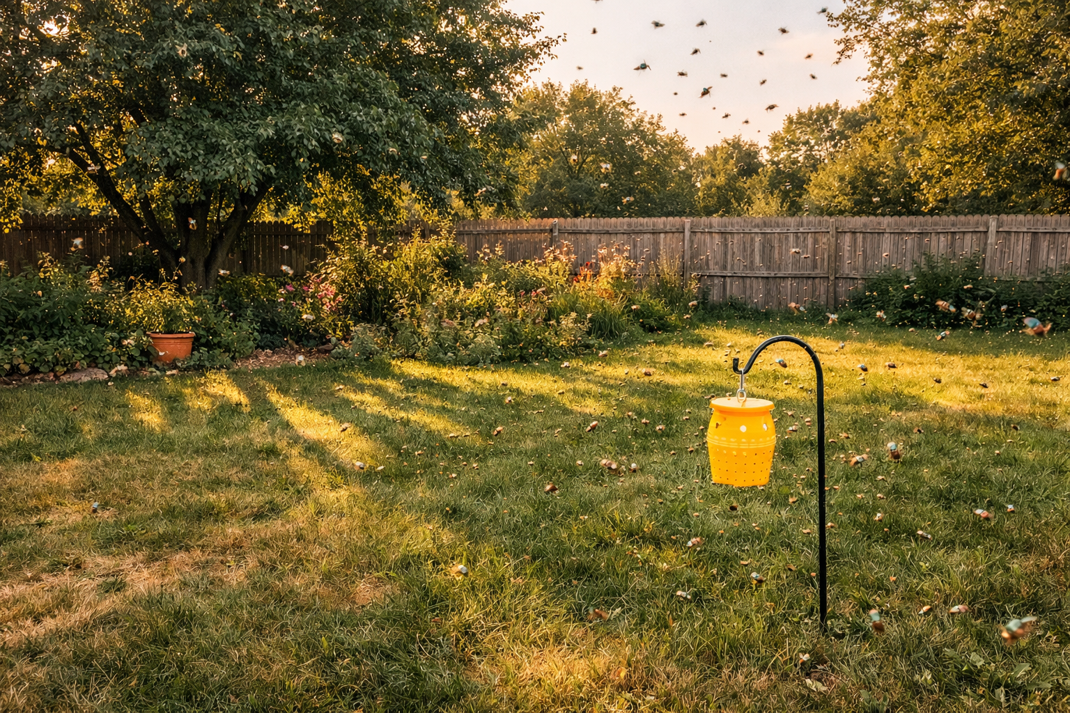 A wide environmental shot of a sprawling backyard garden in late afternoon summer light, showing a mature mulberry tree with dense green canopy anchoring one corner of the yard, while a yellow plastic Japanese beetle trap hangs visibly from a shepherd's hook stake planted several feet away from the tree in the open lawn — dozens of iridescent green and copper beetles visibly swarming around the trap and throughout the surrounding grass and shrubs, conveying the unintended consequence of the trap drawing insects toward the garden rather than eliminating them. The wide pull-back captures the full scale of the yard, the neighboring fence line, overgrown garden beds, and the atmospheric haze of a humid summer afternoon, shot with natural golden-hour light casting long shadows across the lawn, the scene feeling candid and unstaged like a frustrated homeowner's documentary photo.