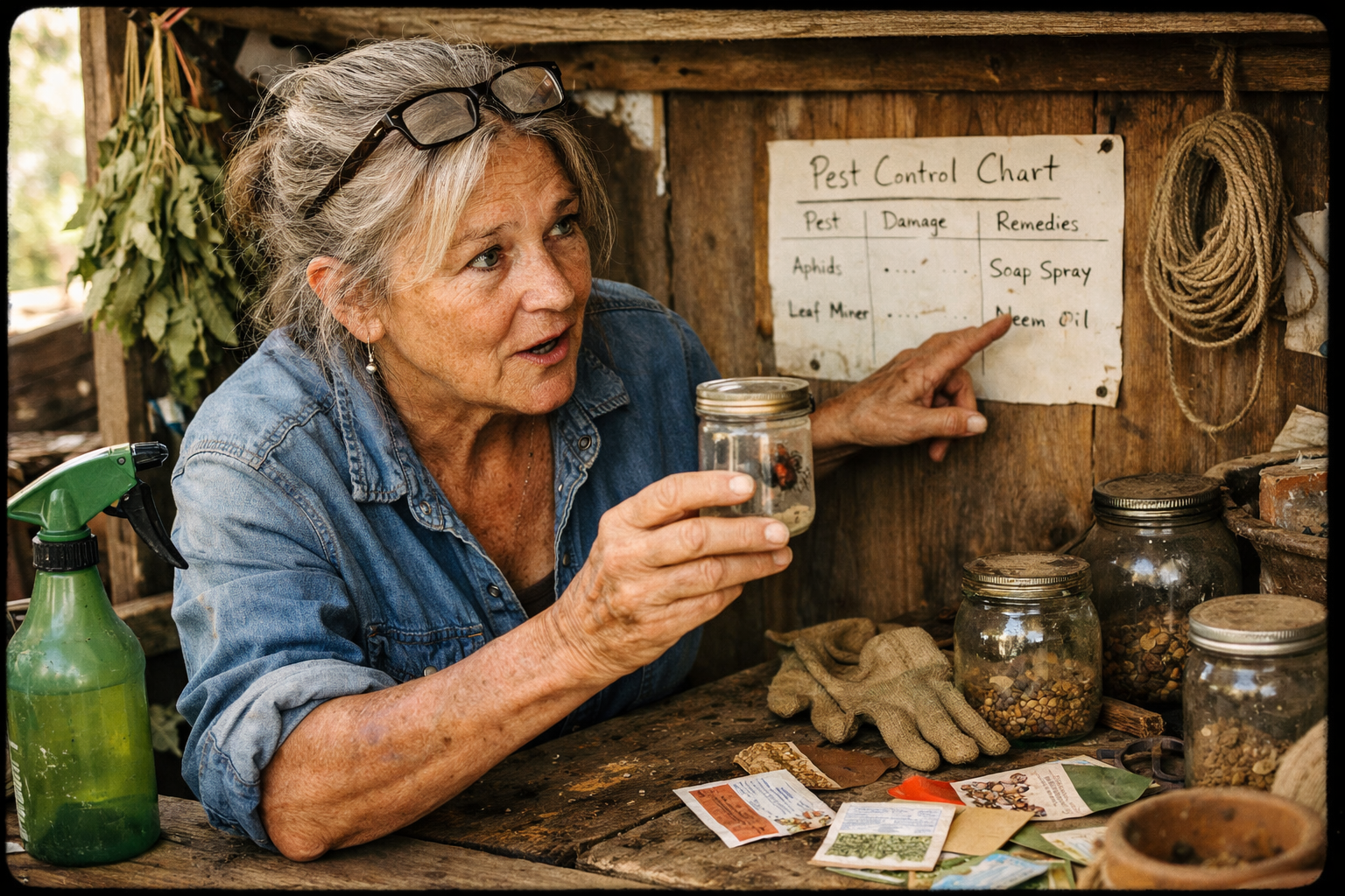 A weathered agricultural extension agent in her late 50s, wearing a faded denim shirt and reading glasses pushed up on her forehead, leans over a wooden workbench in a cluttered outdoor shed, candid mid-gesture as she points with a calloused finger at a small handwritten chart pinned to the wall showing three columns — her other hand gripping a jar containing a ladybug specimen, mouth slightly open mid-explanation to someone just off-frame, afternoon sunlight streaming through a dusty window casting warm diagonal light across the scene, a spray bottle and a bundle of dried neem leaves sitting on the bench beside her, the whole moment caught as if the photographer quietly stepped inside without her noticing.