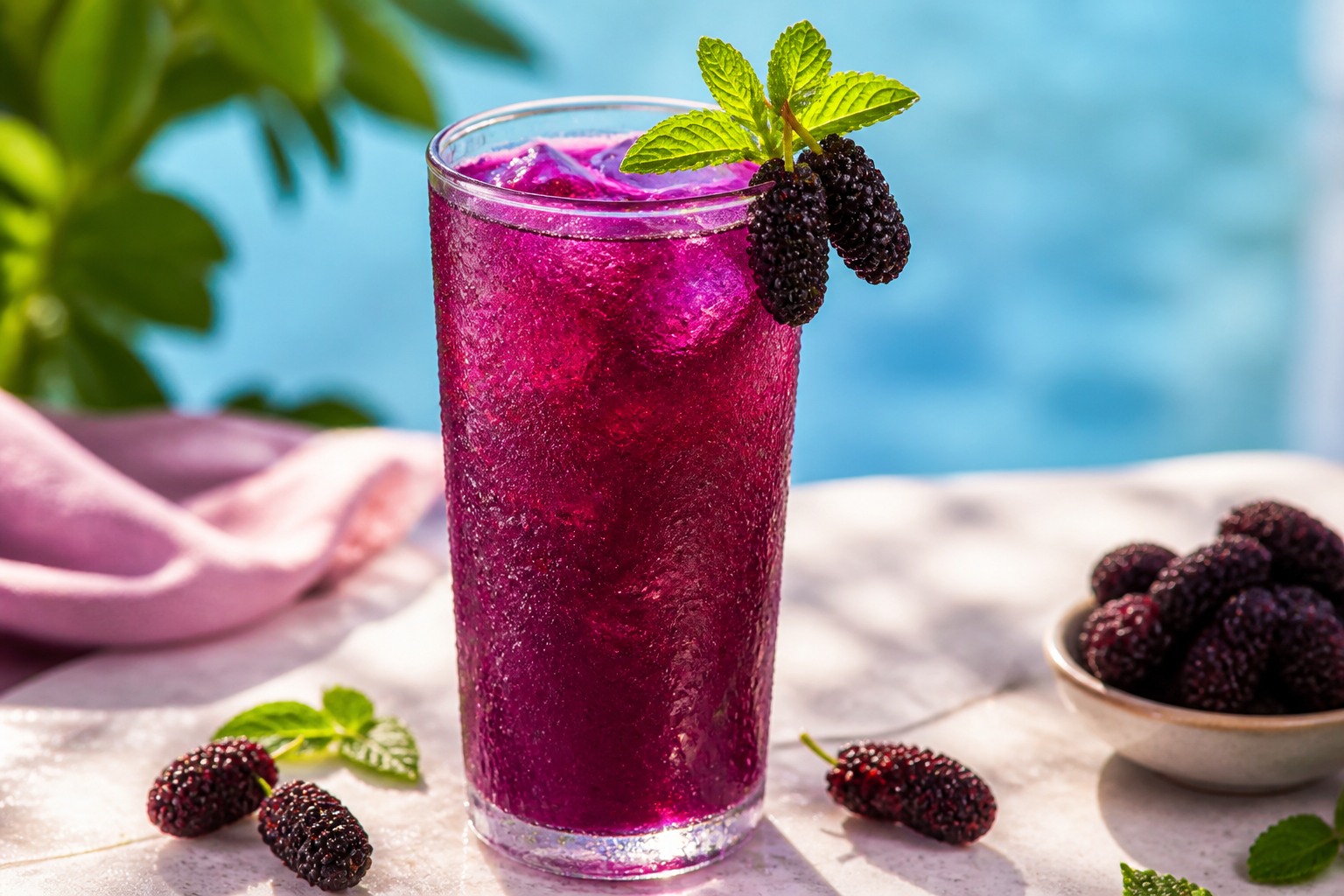 A tall, chilled glass of vibrant purple Shahtoot ka Sharbat, garnished with a mint sprig and a few whole mulberries.