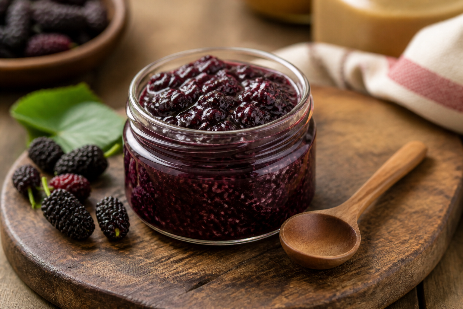 A small glass jar of dark, chunky mulberry chutney, with a spoon resting beside it on a wooden board.