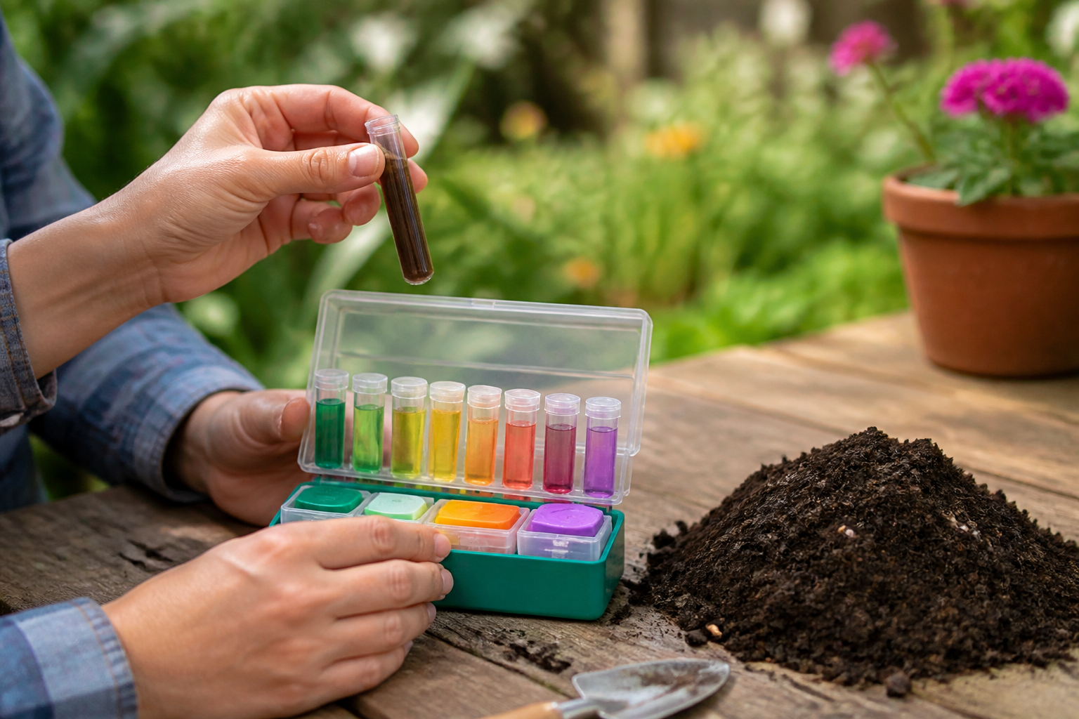 A person using a home soil test kit, with the colorful test tube results next to a small pile of garden soil.