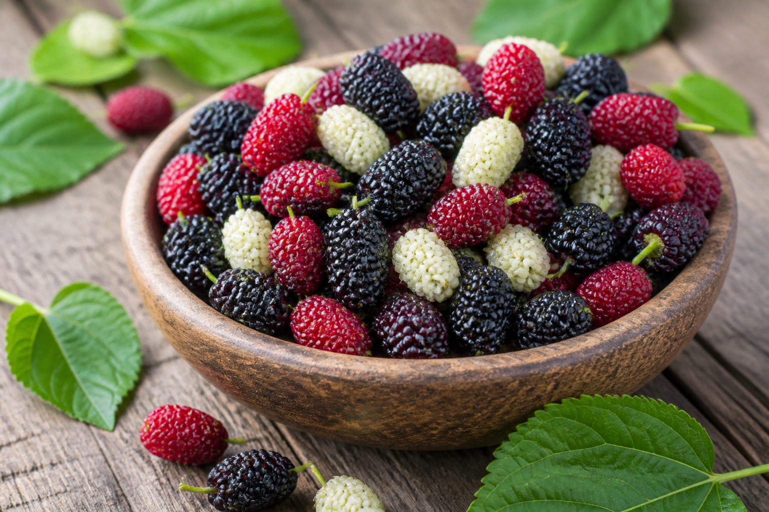 A beautiful, rustic wooden bowl overflowing with a mix of black, red, and white mulberries, with a few green leaves scattered around.