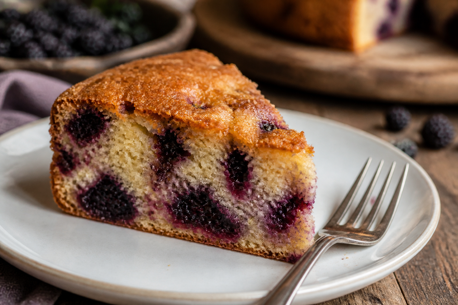 A slice of a golden-brown mulberry and yogurt cake on a plate, showing juicy purple mulberry specks throughout.
