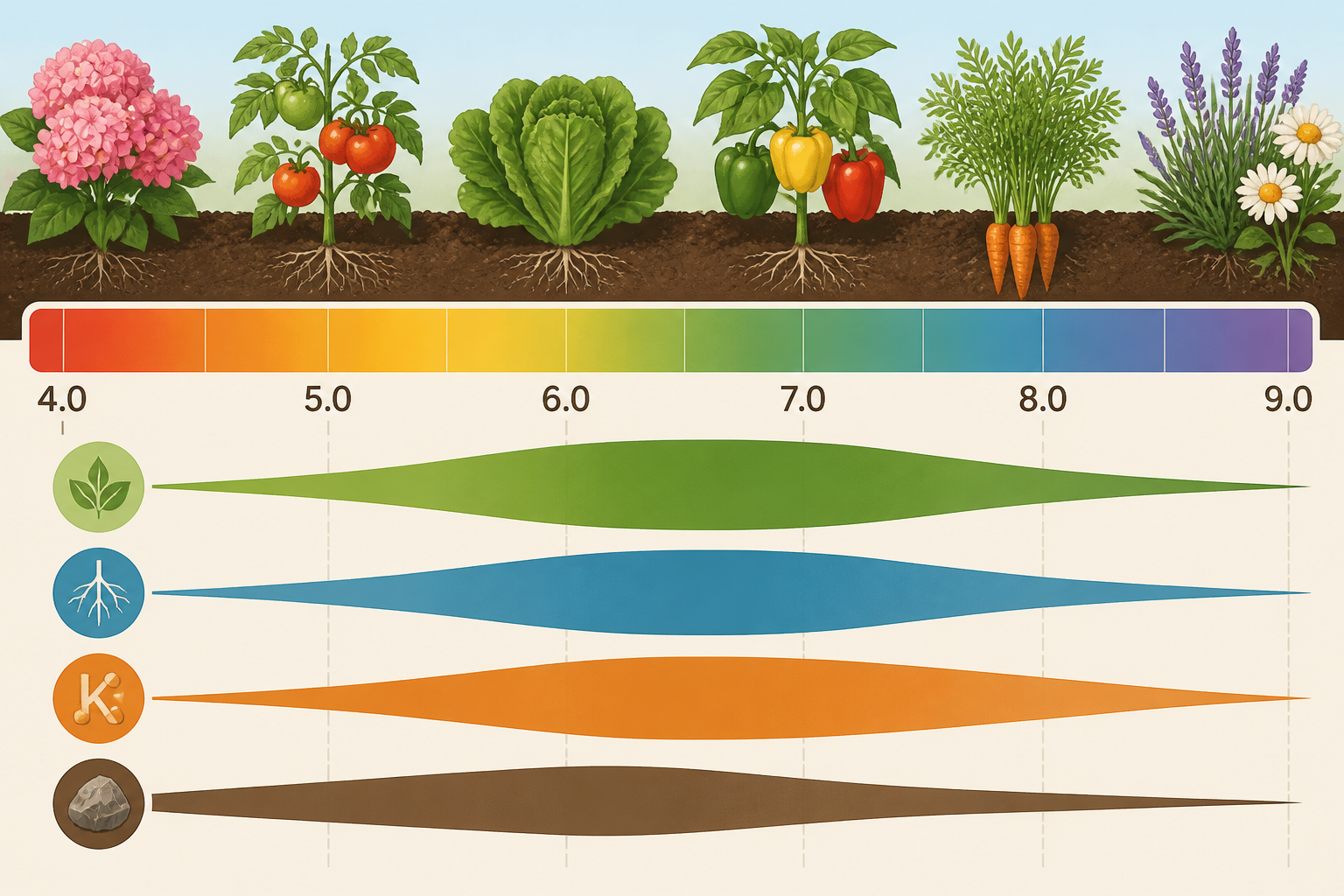 A graph showing A chart titled "Nutrient Availability by Soil pH". The X-axis shows the pH scale from 4.0 to 10.0. The Y-axis shows nutrient availability with colored bands for Nitrogen, Phosphorus, Potassium, Iron, etc. The bands for most nutrients are widest (most available) in the 6.0-7.0 pH range.