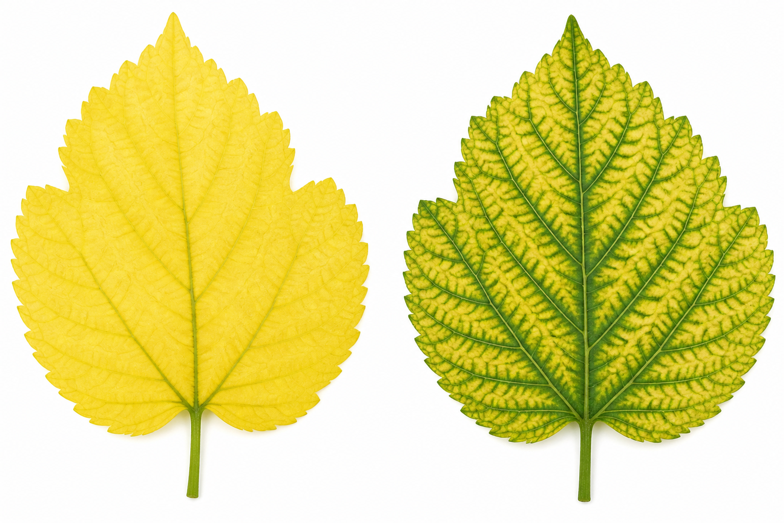 A side-by-side comparison of two mulberry leaves. One shows uniform yellowing for nitrogen deficiency, the other shows green veins with yellow tissue for iron deficiency.