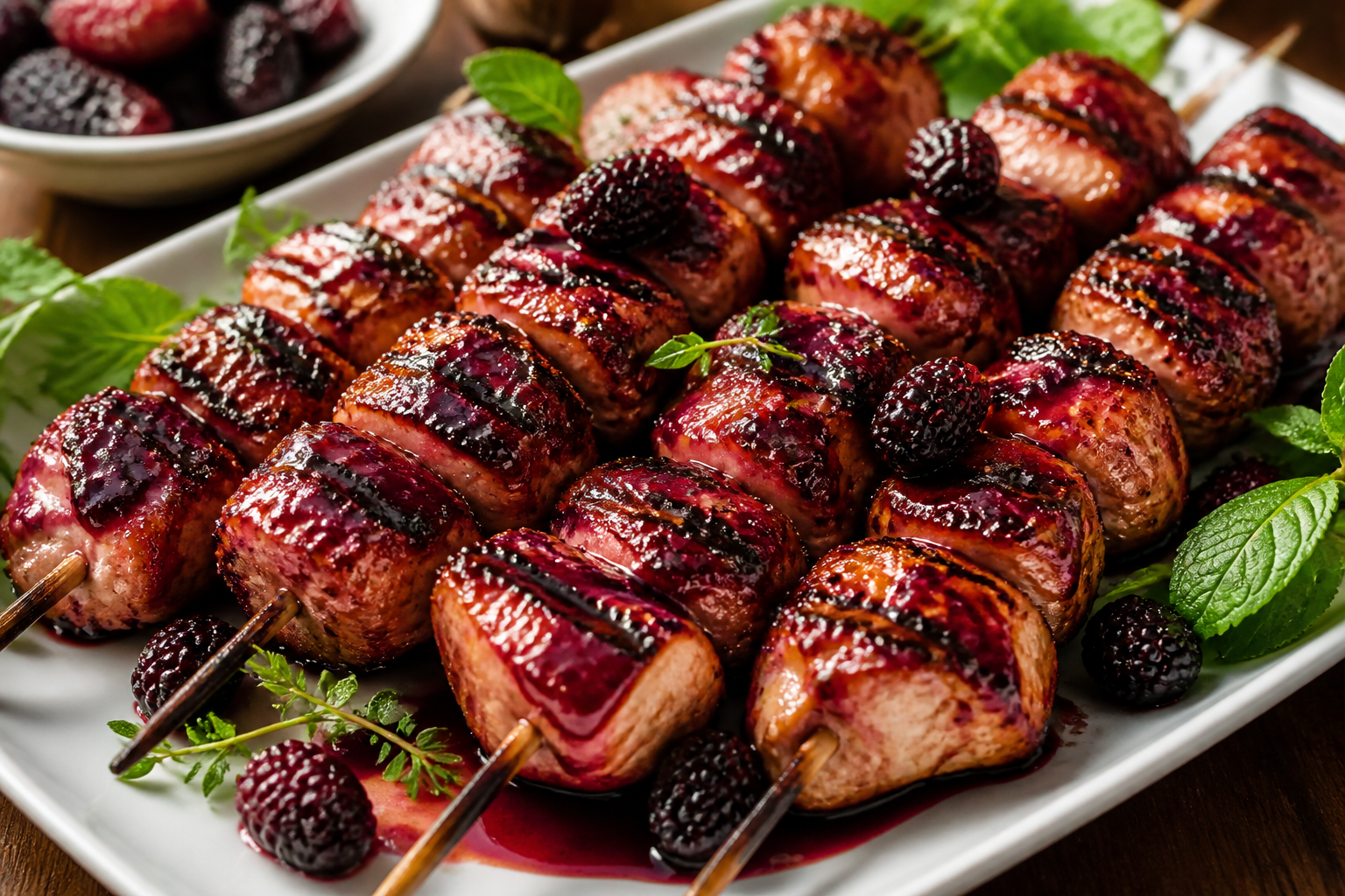 Grilled chicken skewers glistening with a dark purple Pakistan mulberry glaze, served on a platter with fresh herbs.