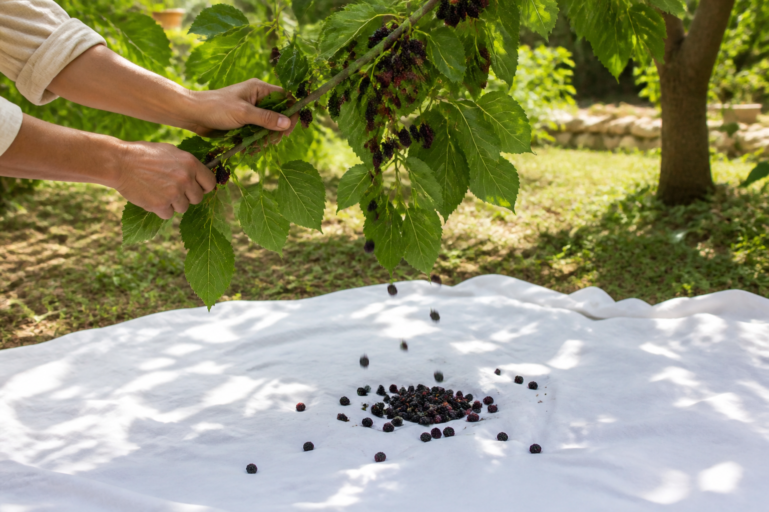 A person's hands gently shaking a mulberry branch over a clean white sheet on the ground, with ripe berries falling onto it.