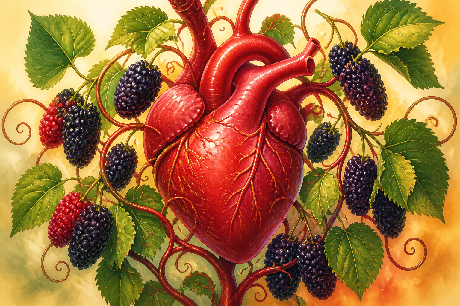 A close-up of a healthy heart illustration, with mulberries and arteries flowing around it, symbolizing cardiovascular protection.