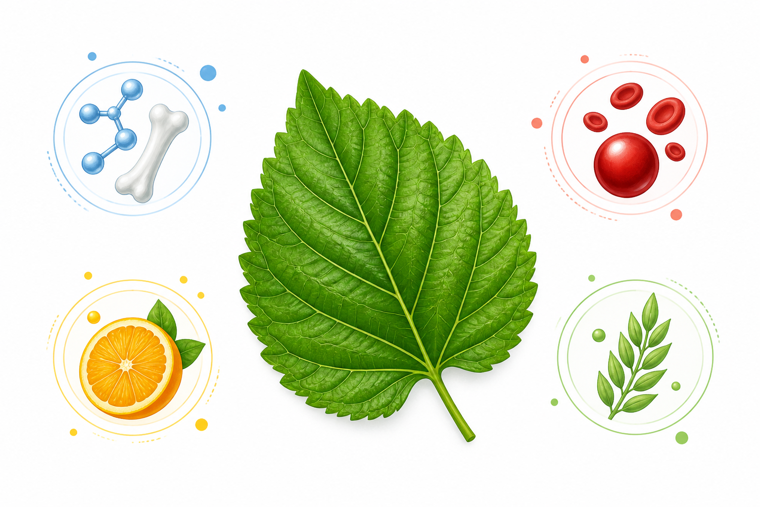 An infographic showcasing key nutrients in a mulberry leaf, like Calcium, Iron, Vitamin C, and DNJ.