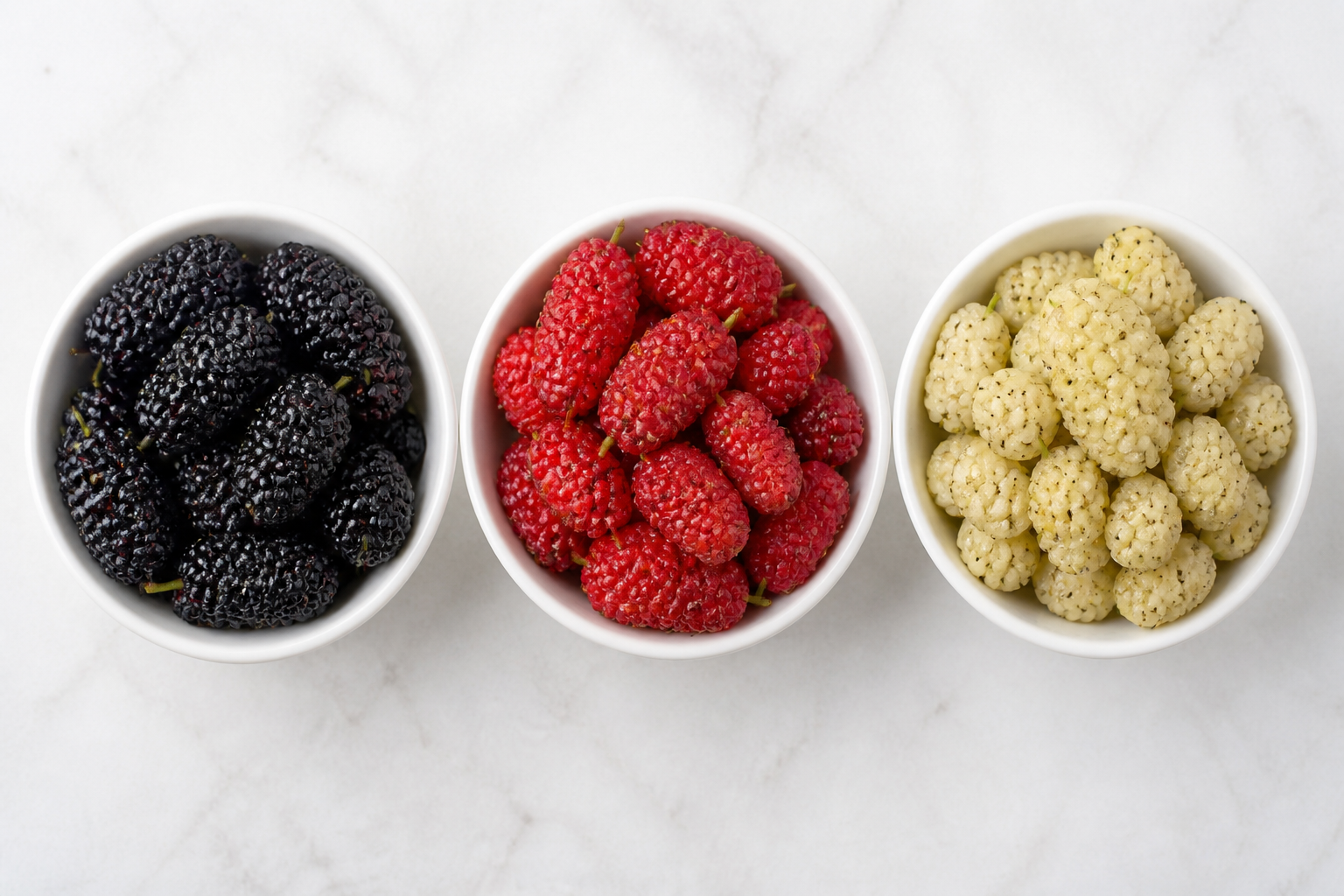 A close-up shot of three separate small white bowls, each containing one type of mulberry: black, red, and white, clearly showing the color differences.